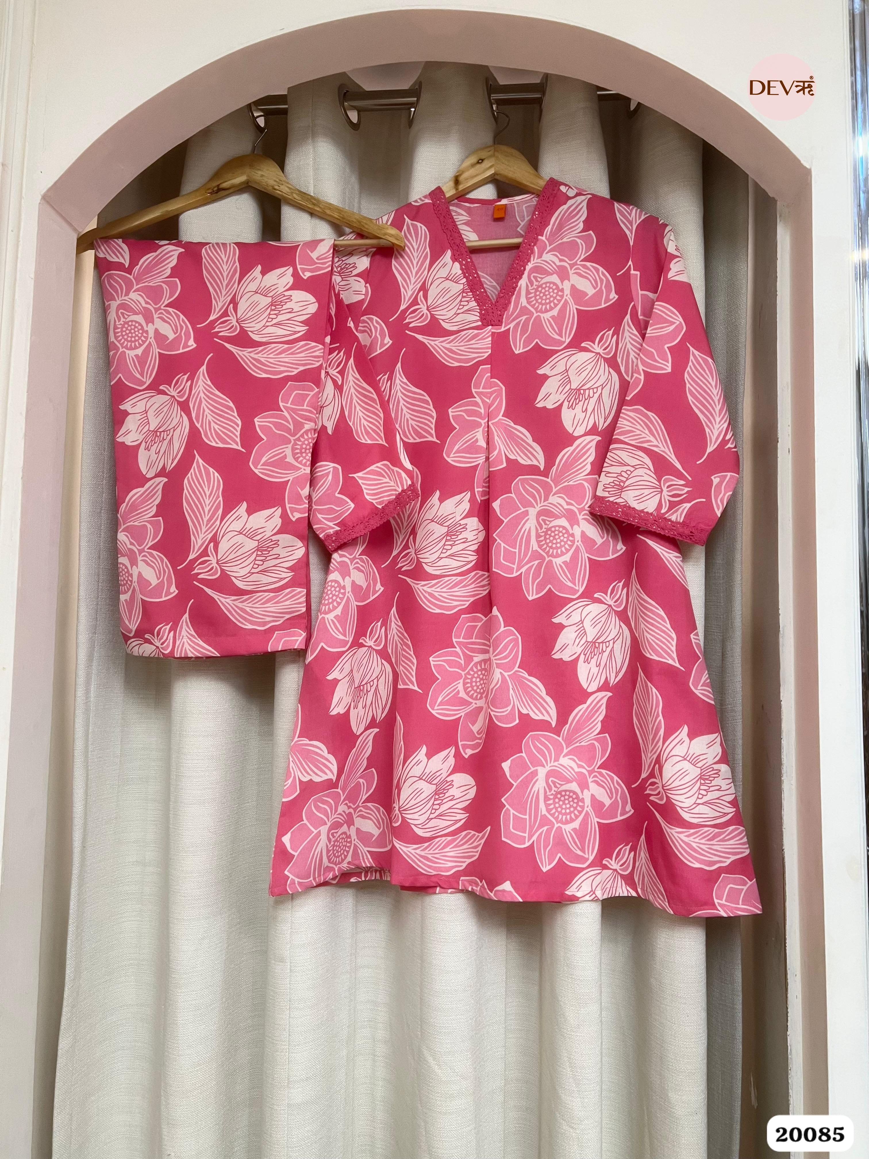 Zoya Cotton Printed Fuchsia pink White 2-Piece Set (Devri – D.No 20085)