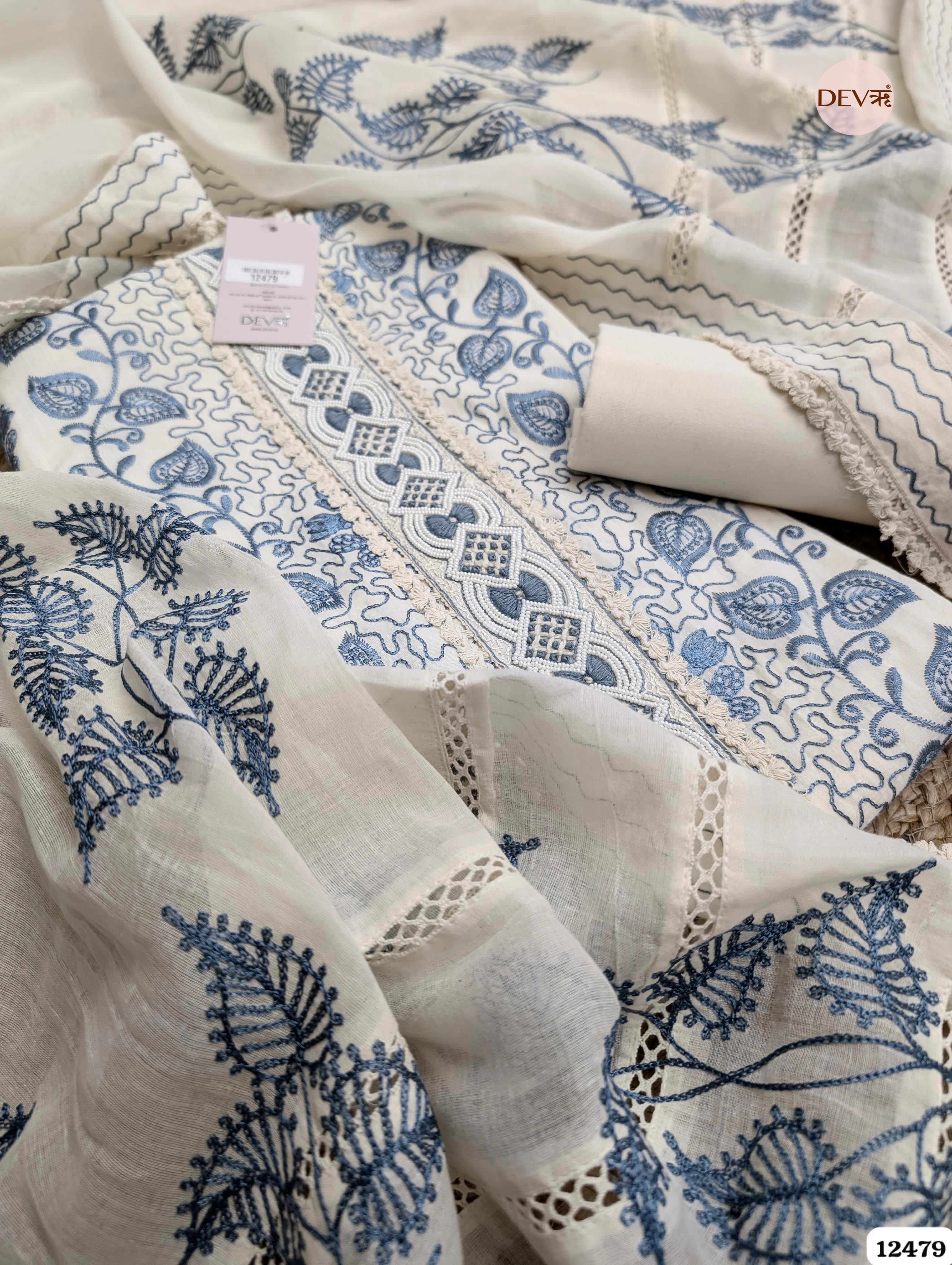 Teal Blue & White Pure Cotton Embroidered Unstitched 3-Piece Suit (Devri – D.No 12479)