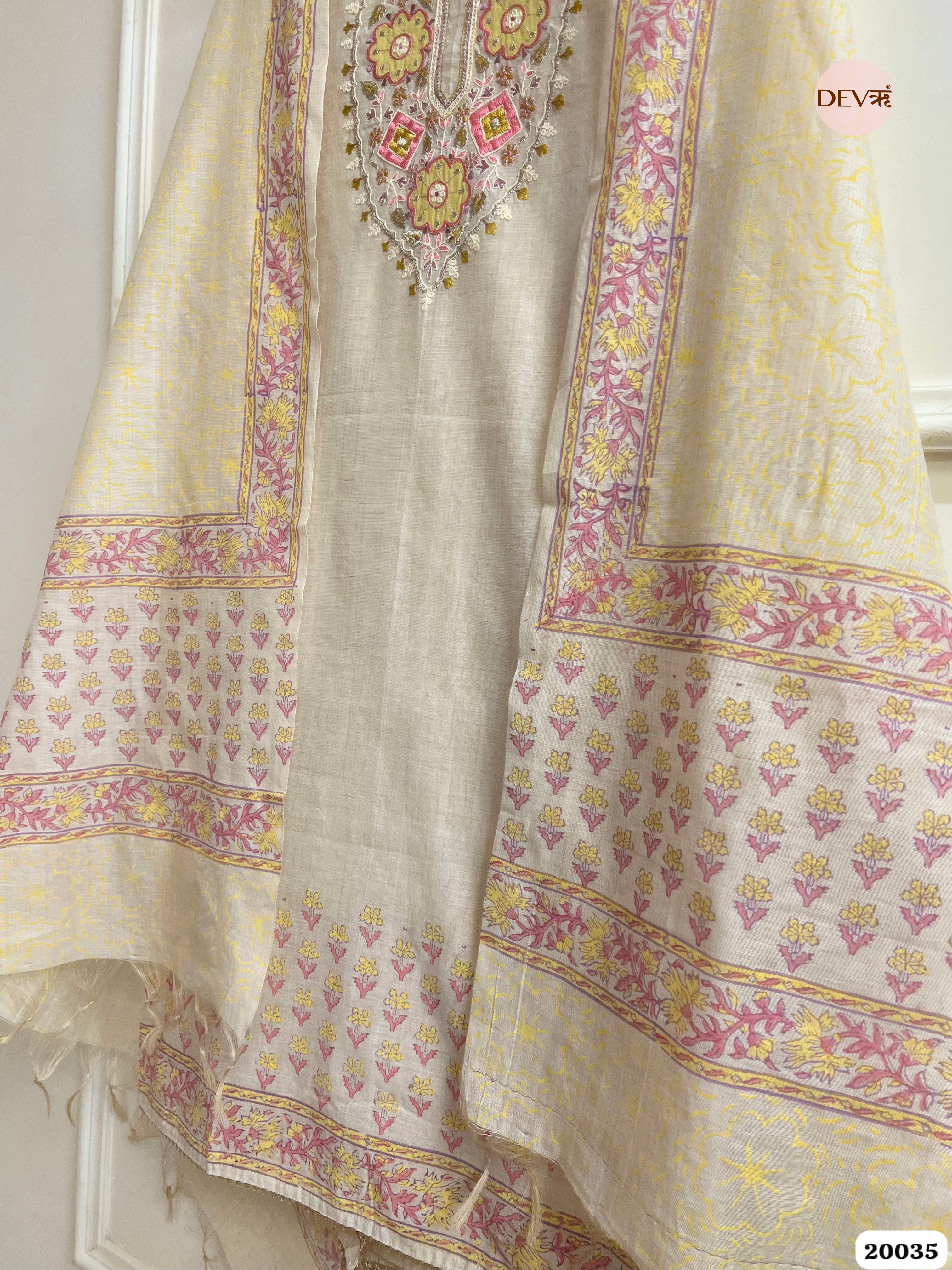 Soft Beige Pure Linen Embroidered Unstitched 3-Piece Suit (Devri – D.No. 20035)