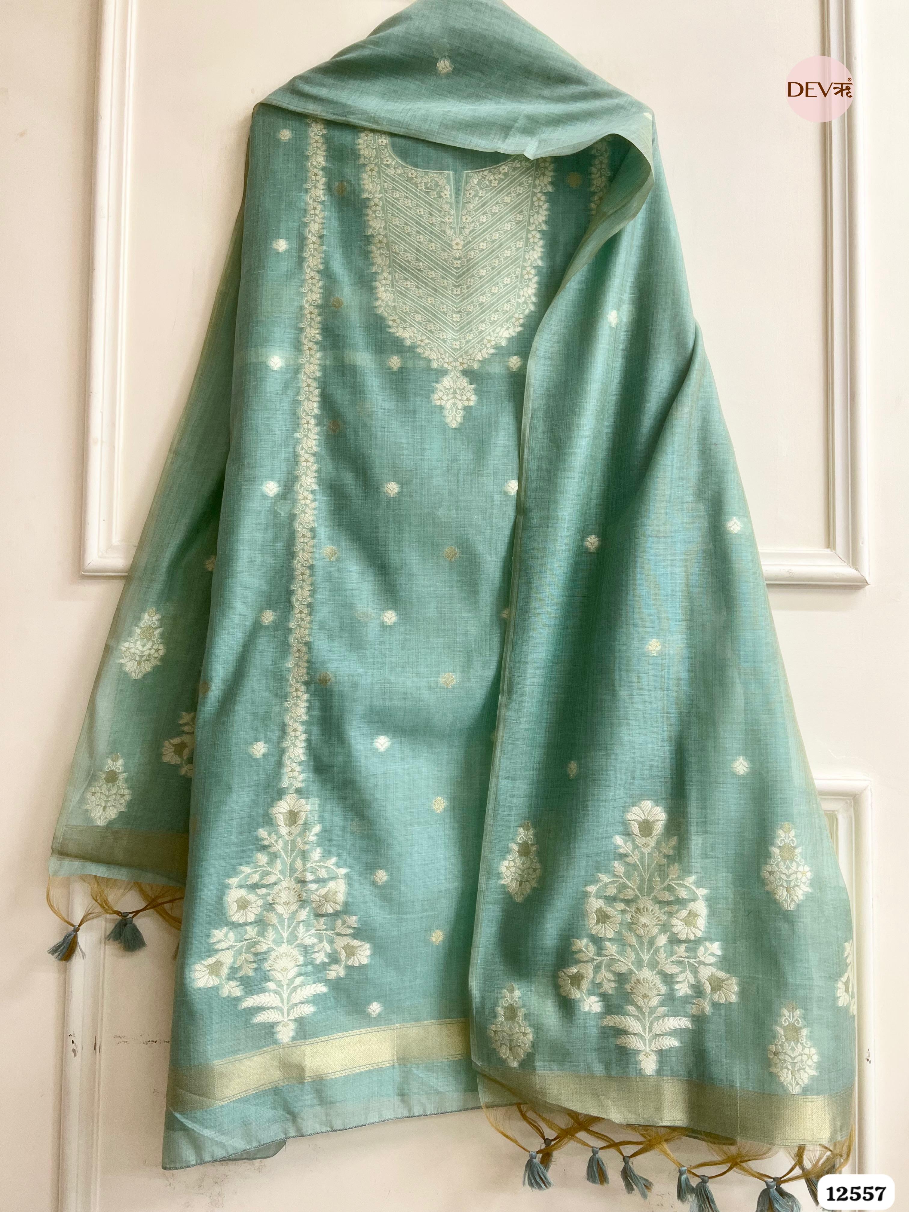 Sea Green Jamdani Embroidered Unstitched 3-Piece Suit (Devri – D.No 12557)