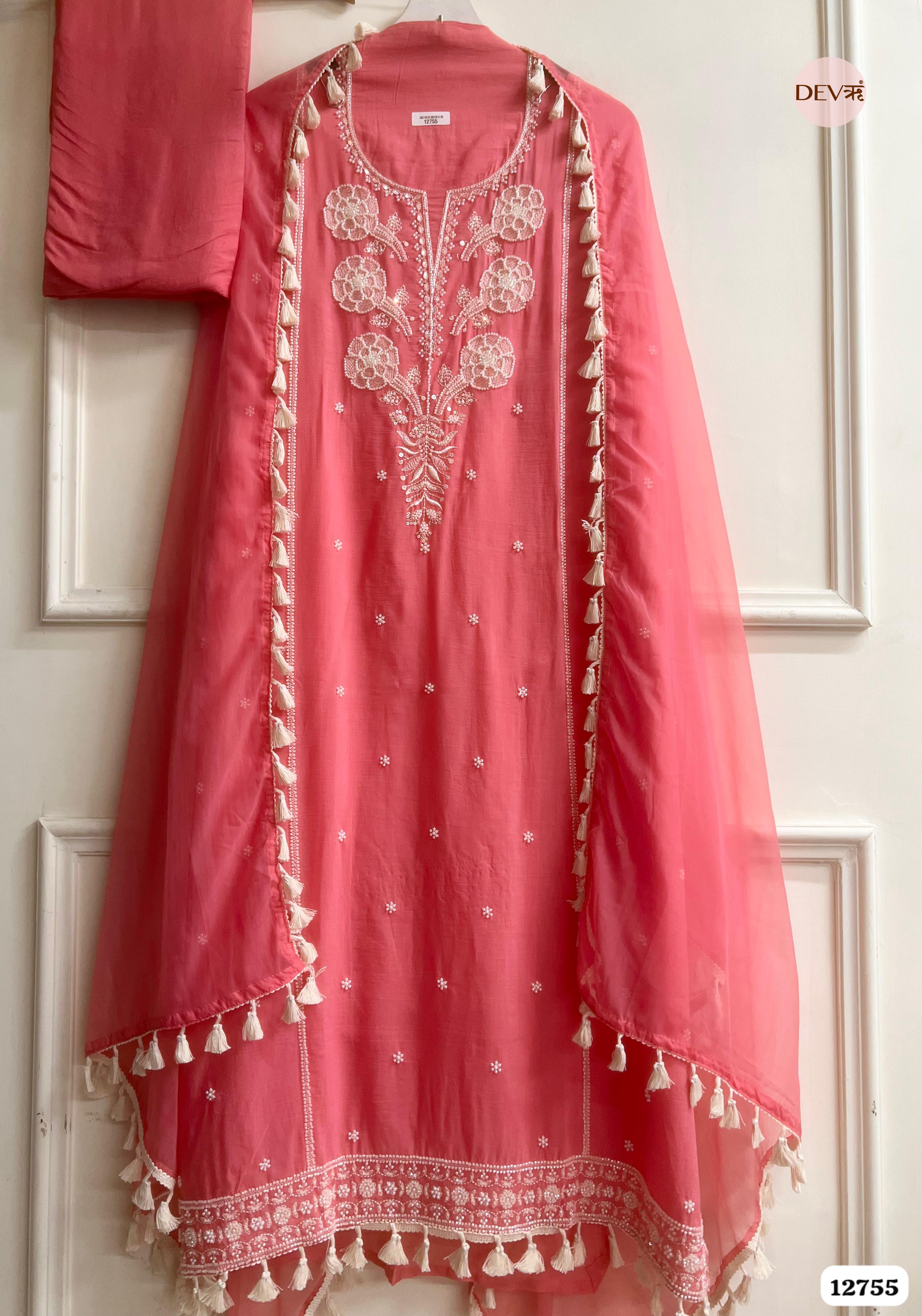 Coral Pink Mul Cotton Embroidered Unstitched 3-Piece Suit (Devri – D.No 12755)
