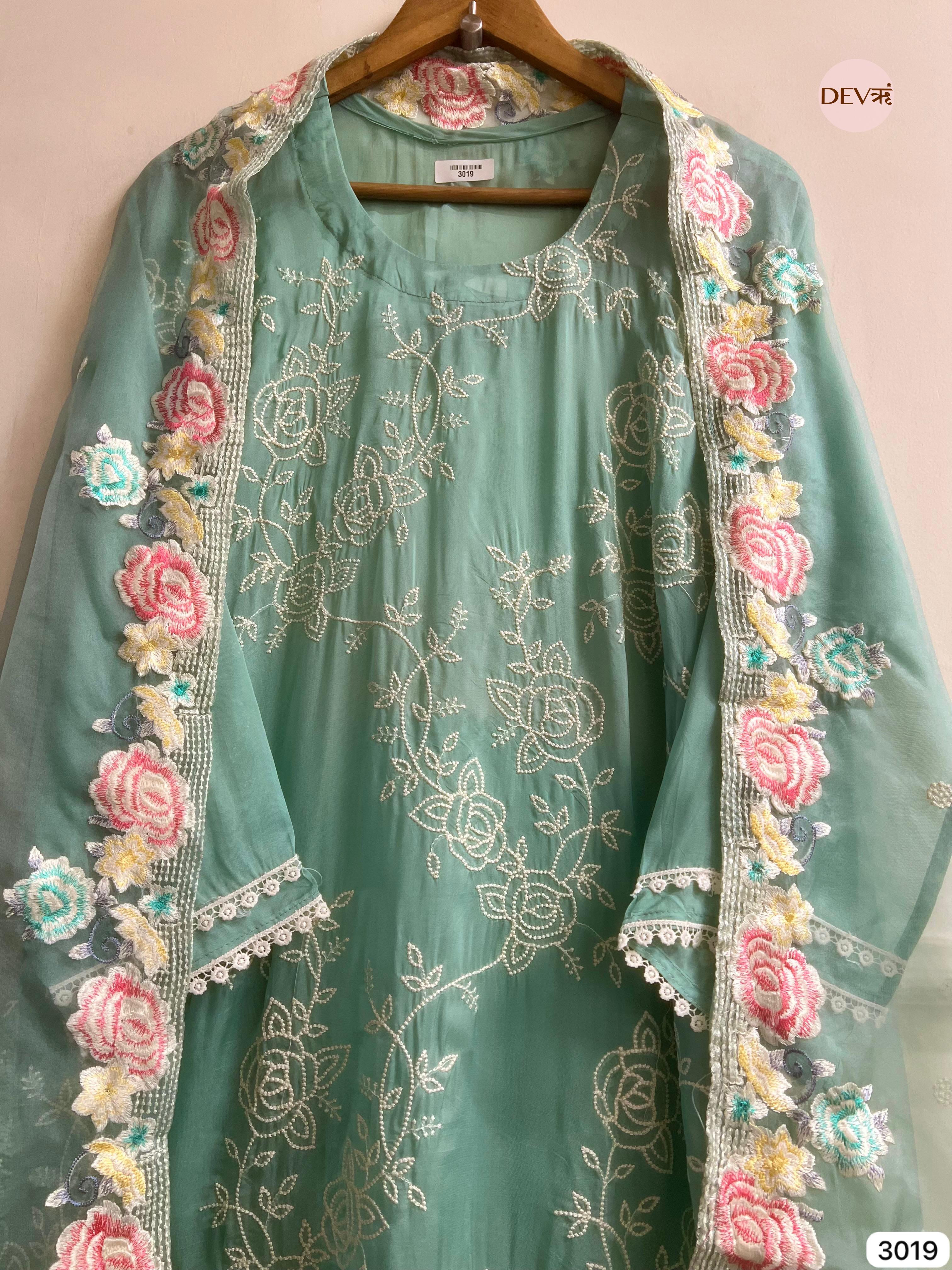 Sea Green Organza Embroidered Unstitched 3-Piece Suit (Devri – D.No 3019)
