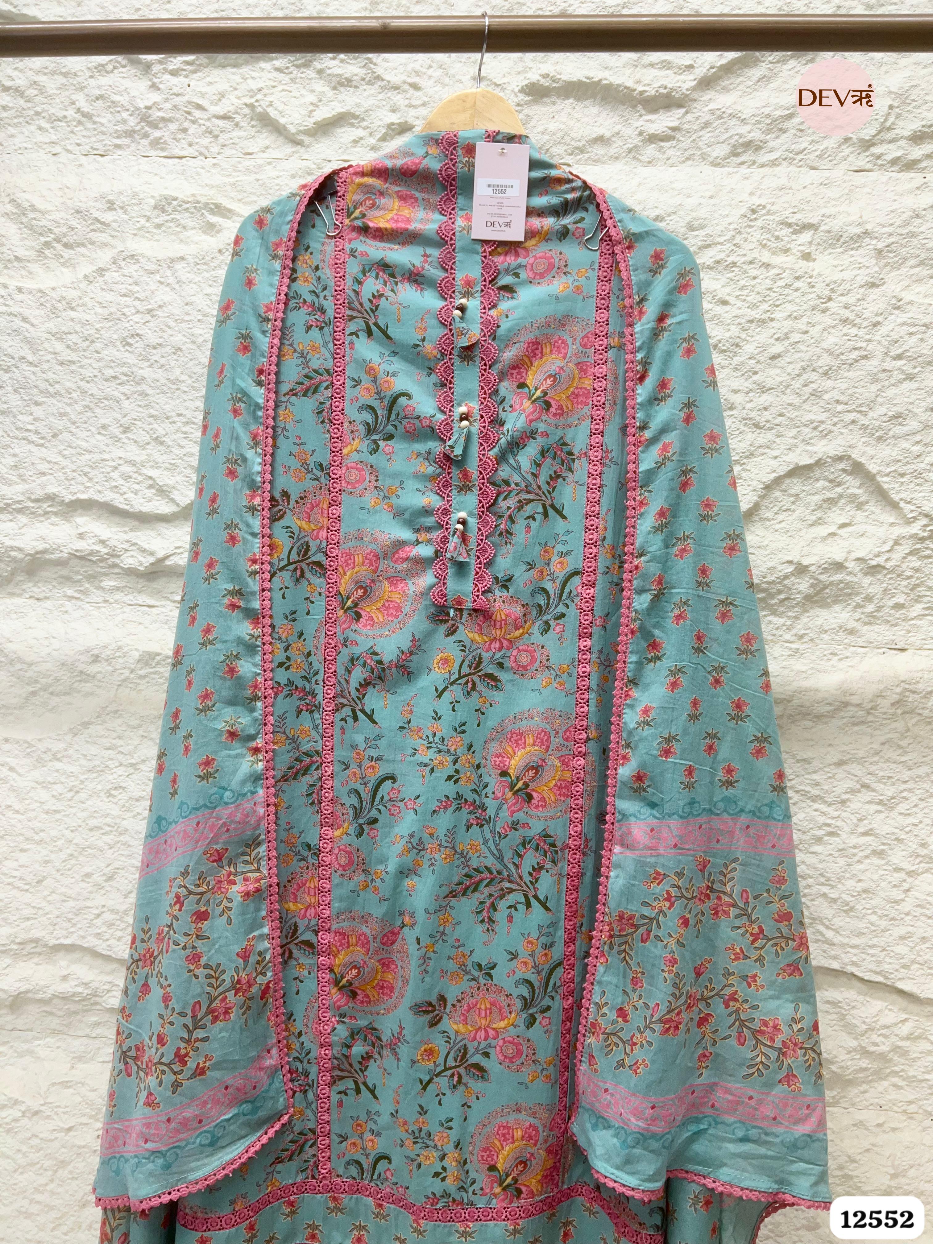 Aqua Blue Pure Cotton Floral Printed Unstitched 3-Piece Suit (Devri – D.No 12552)