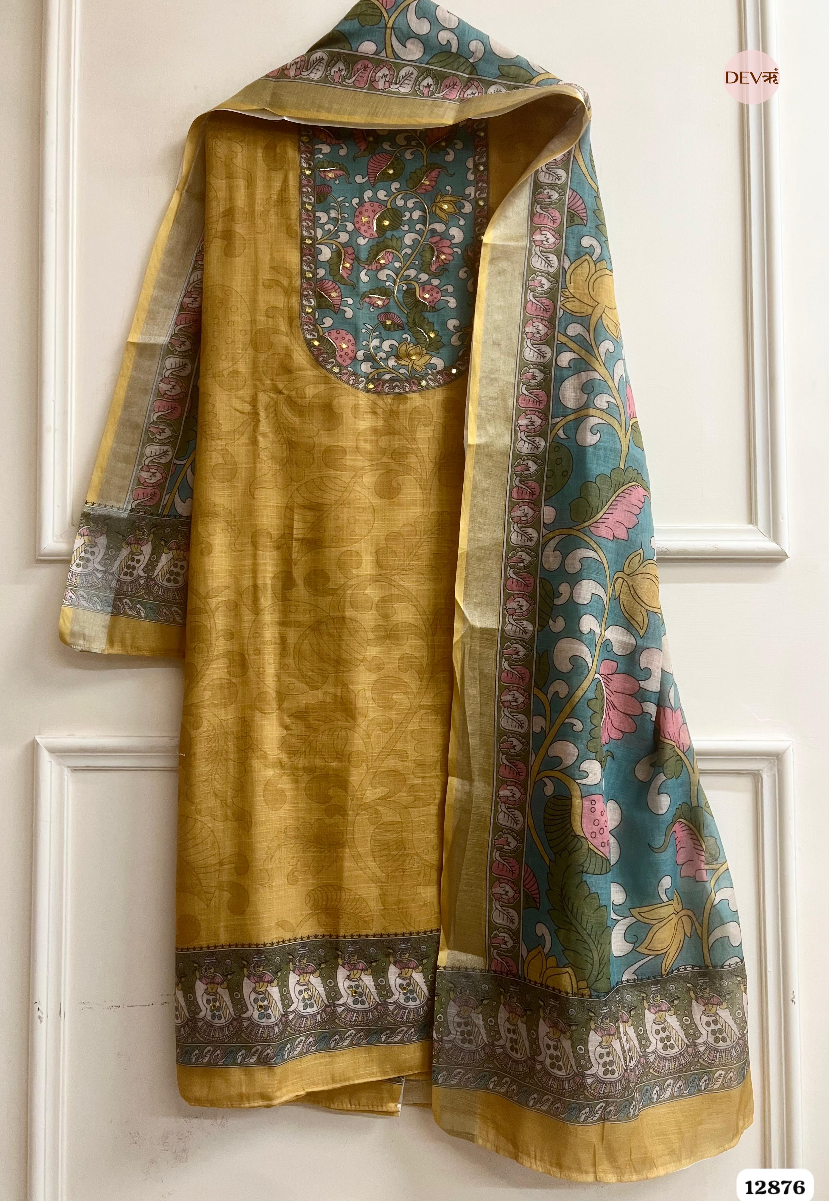 Mustard Yellow Linen Cotton Printed Unstitched 3-Piece Suit (Devri – D.No 12876)