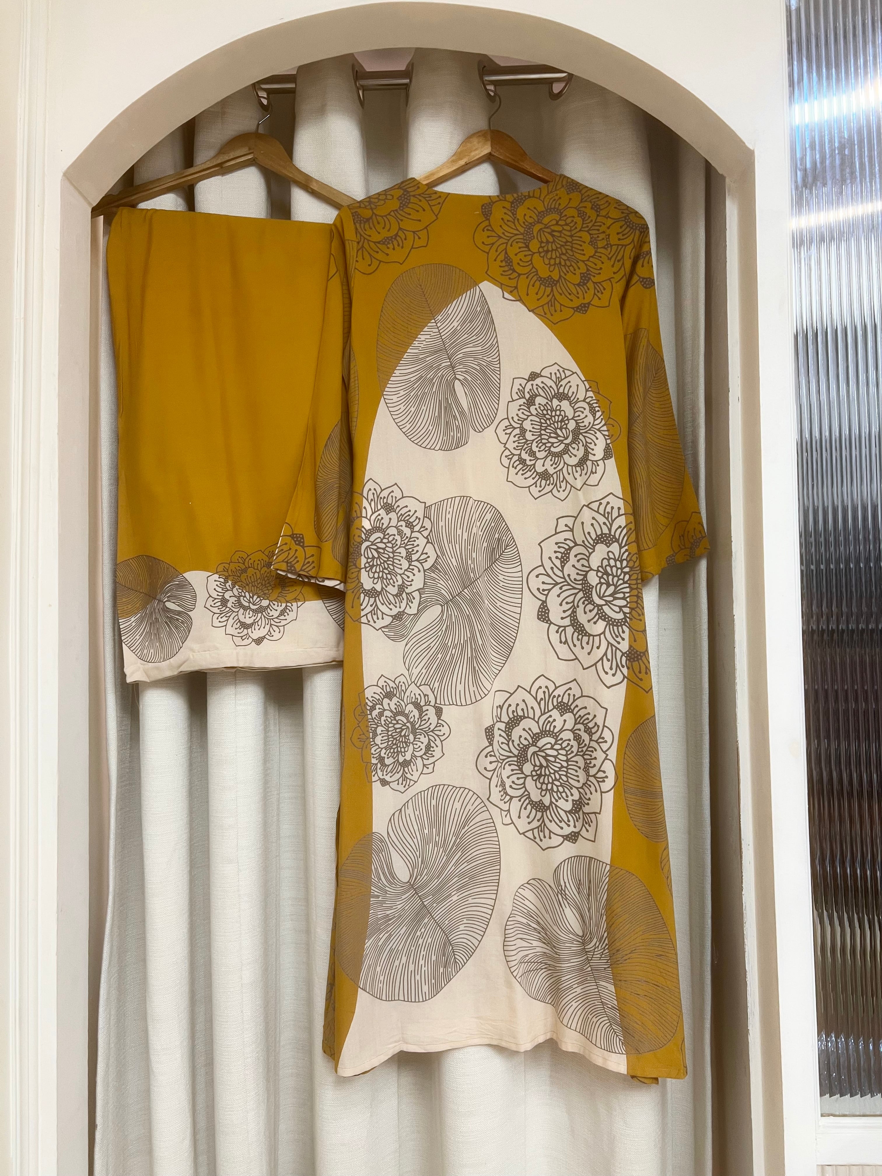 Gulnaar German reyon Printed Mustard 2-Piece Set (Devri – D.No 21021)