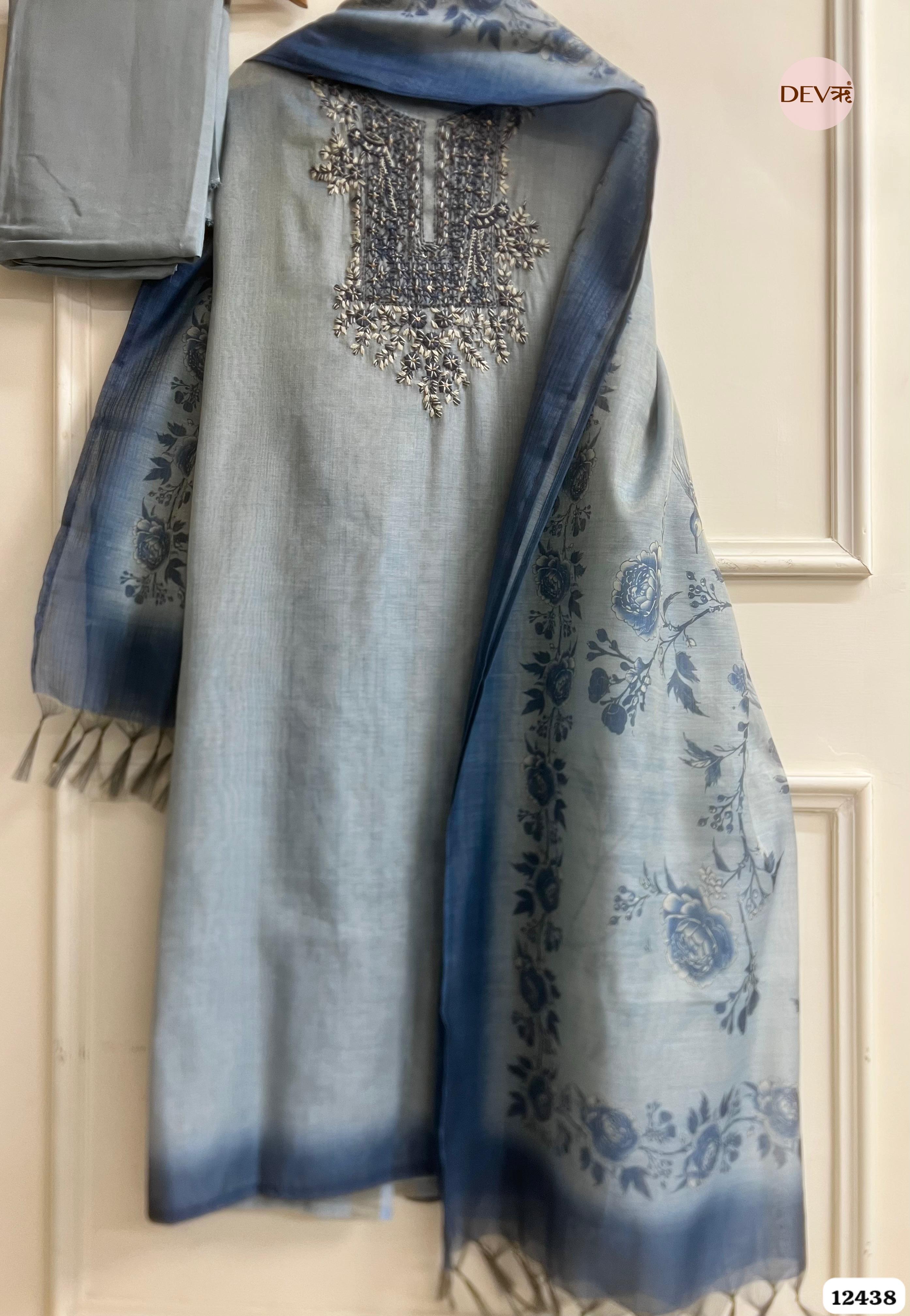 Powder Blue Pure Linen Tissue Embroidered Unstitched 3-Piece Suit (Devri – D.No . 12437)