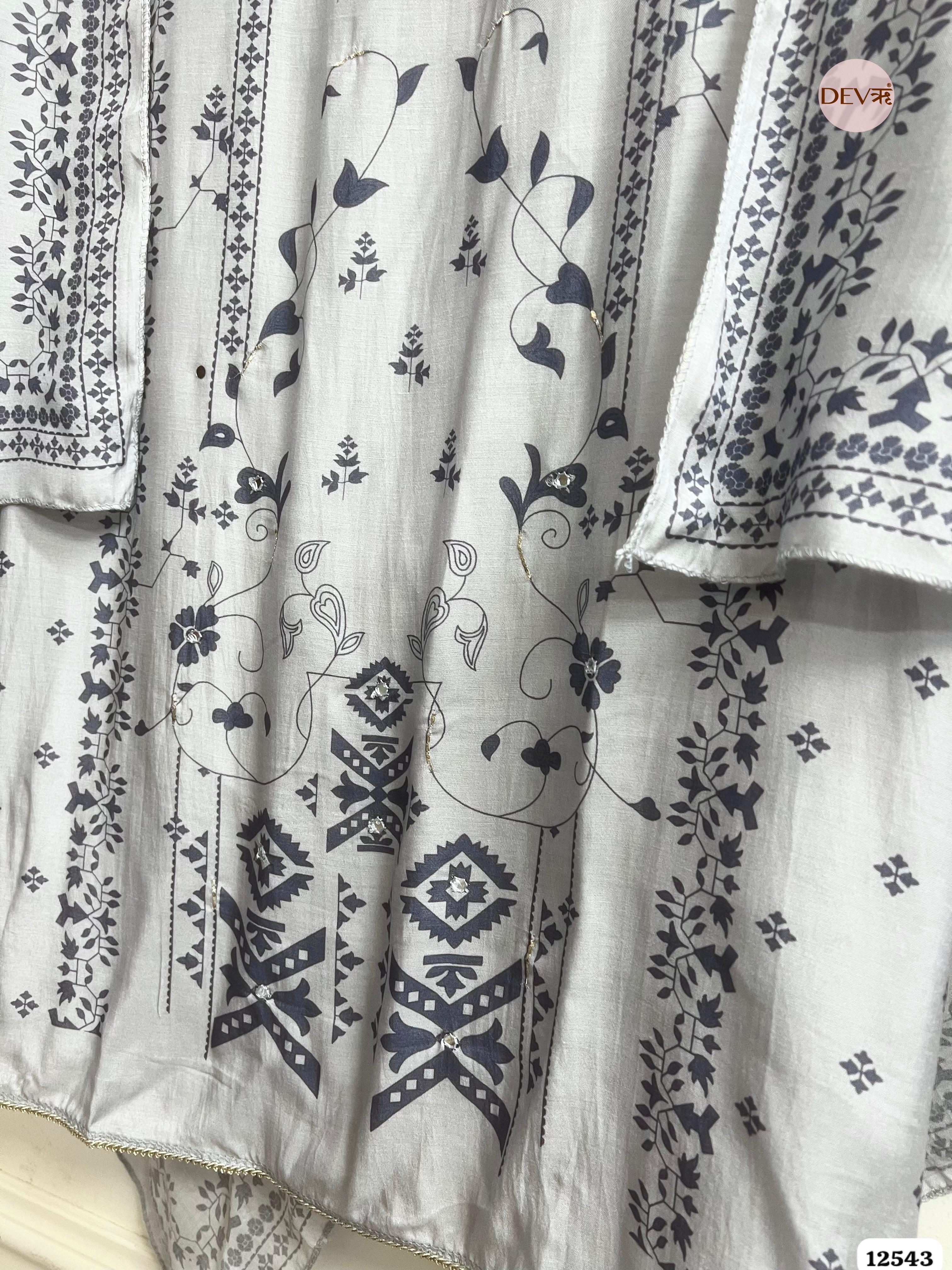 Grey Muslin Printed Unstitched 3-Piece Suit (Devri – D.No. 12543)