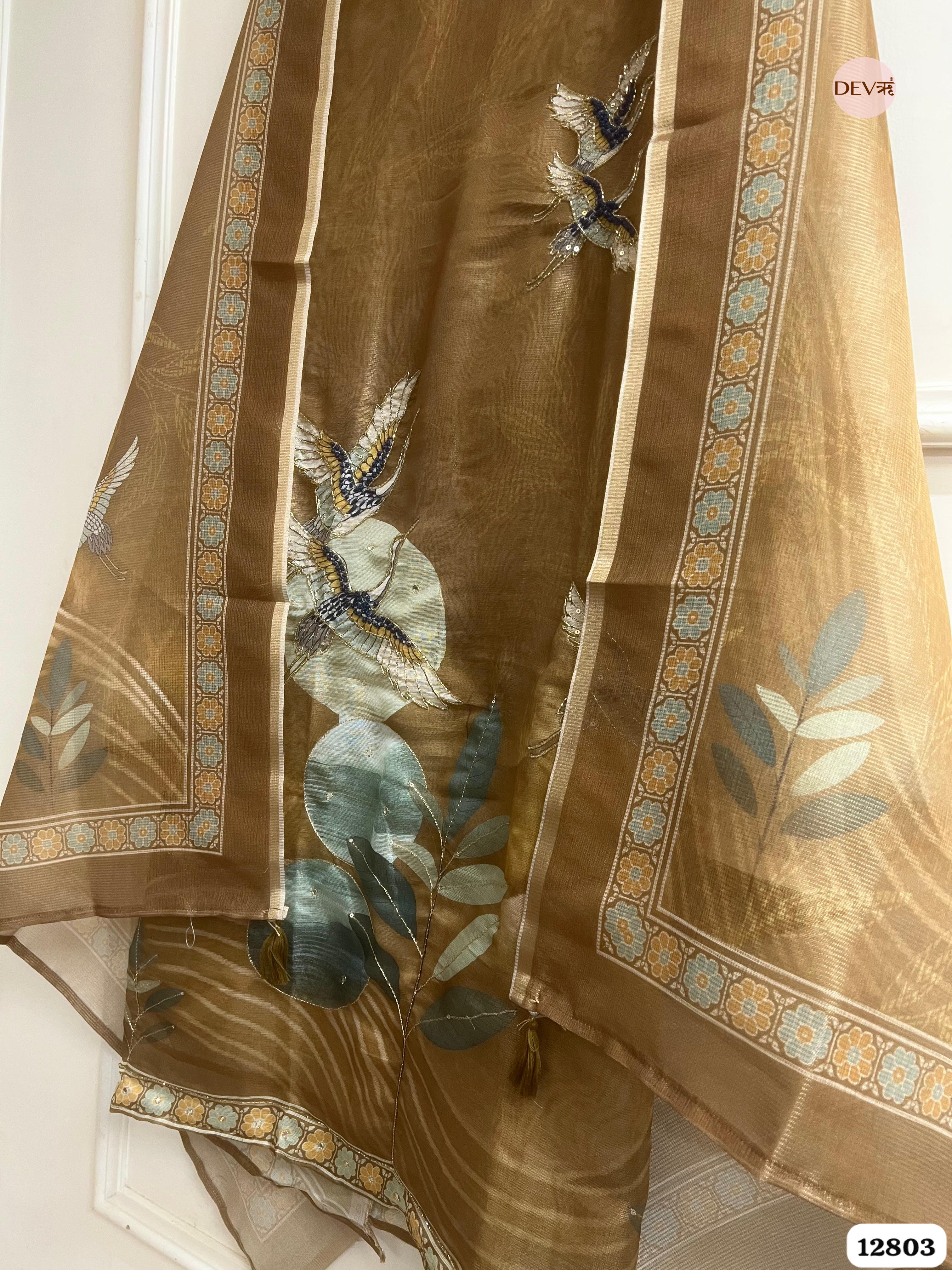 Brown Burbery Shimmer Printed Unstitched 3-Piece Suit (Devri – D.No 12803)