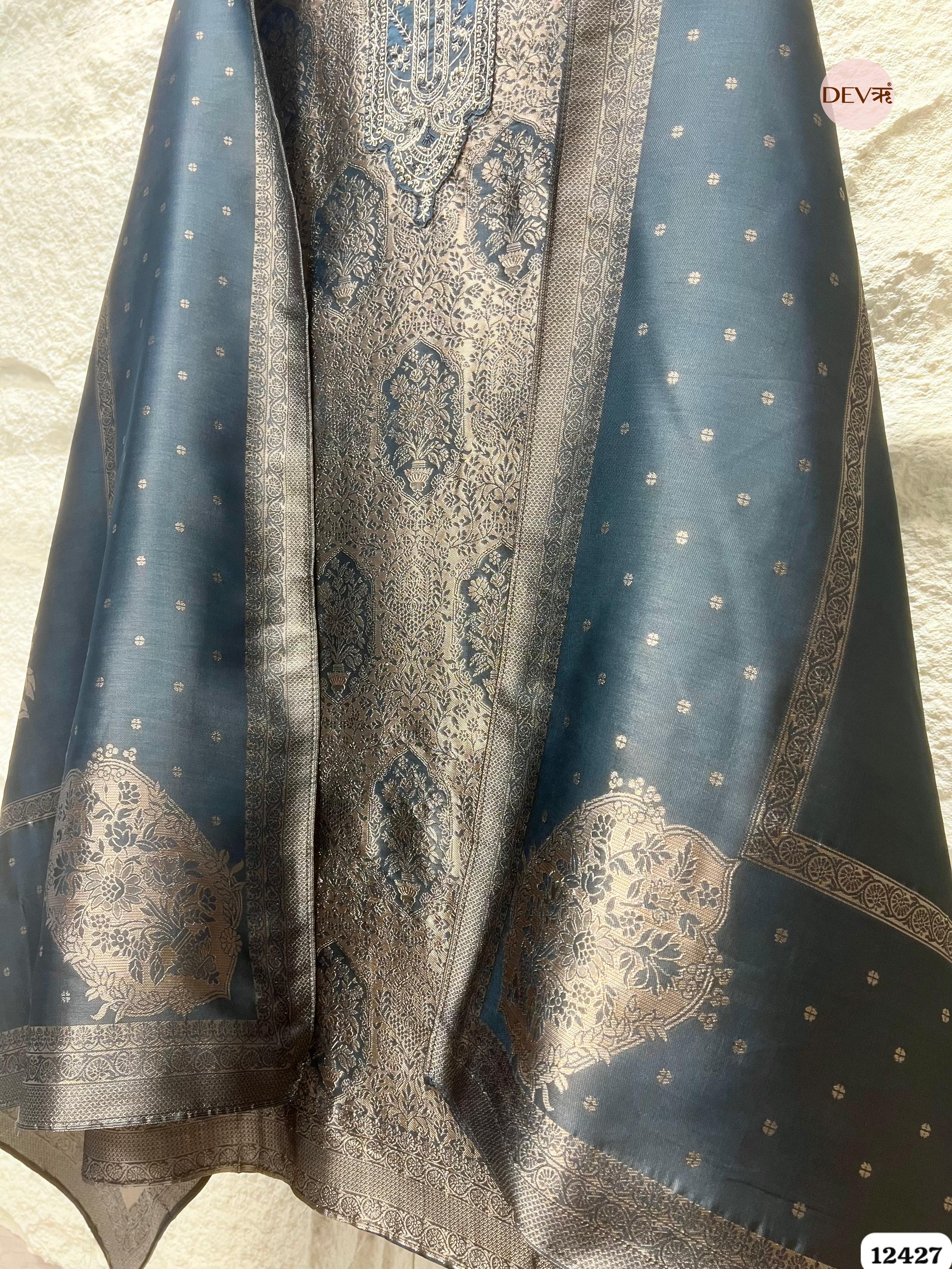Slate Grey Banarasi Silk Printed Unstitched 3-Piece Suit (Devri – D.No. 12427)