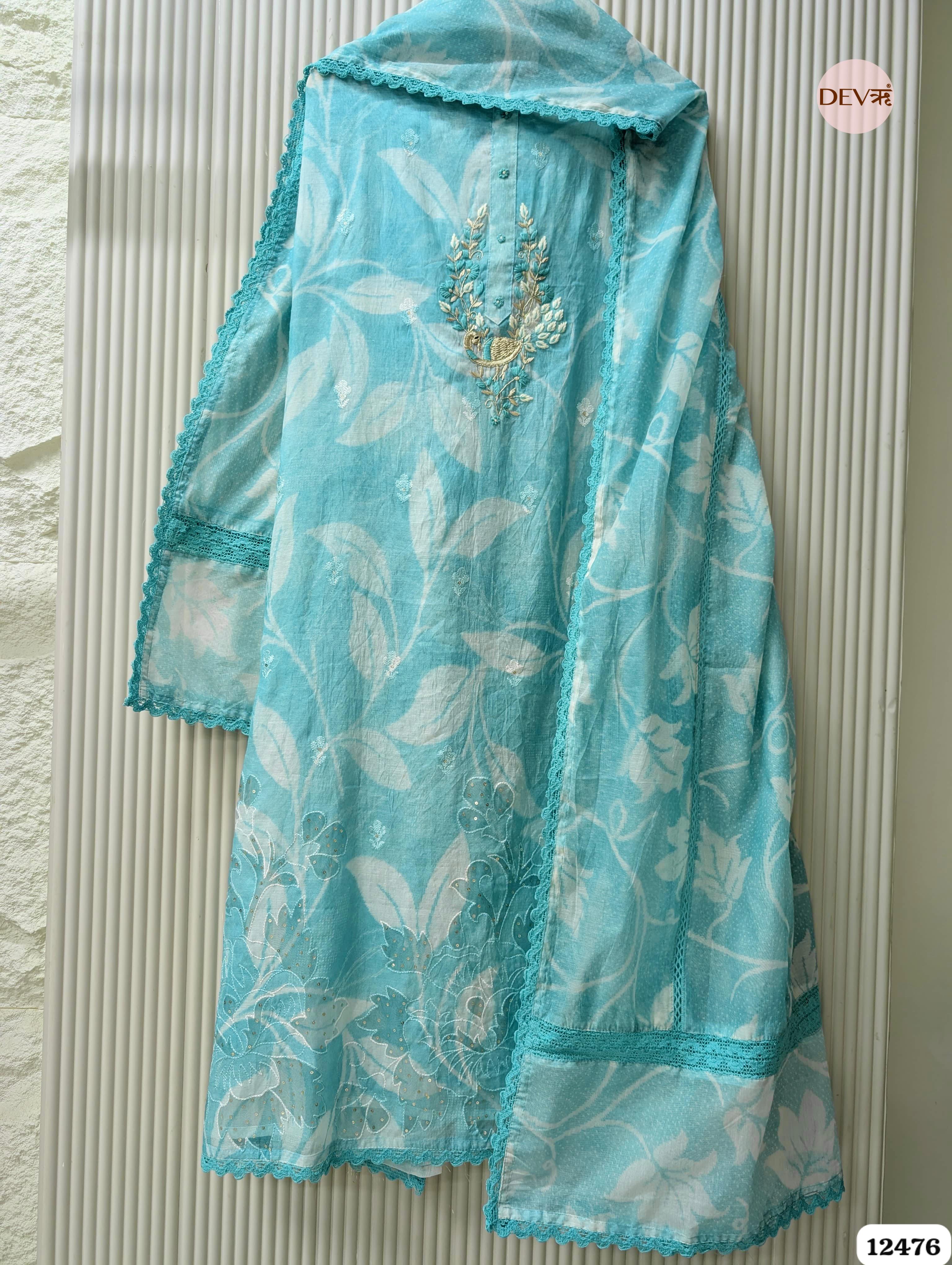 Aqua Blue Mul Chanderi Embroidered Unstitched 3-Piece Suit (Devri – D.No. 12476)