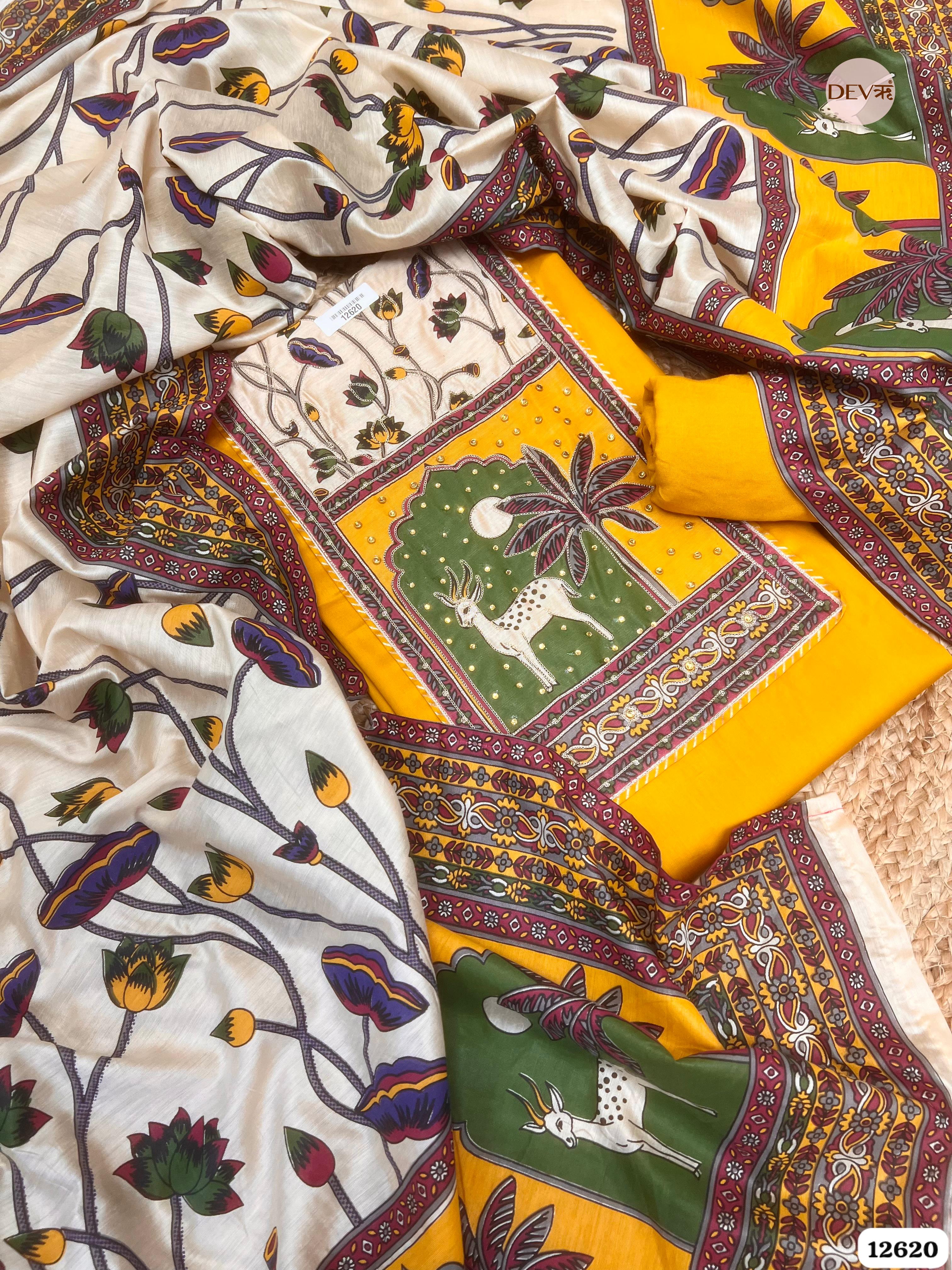 Mustard Cotton Printed Unstitched 3-Piece Suit (Devri – D.No 12620)