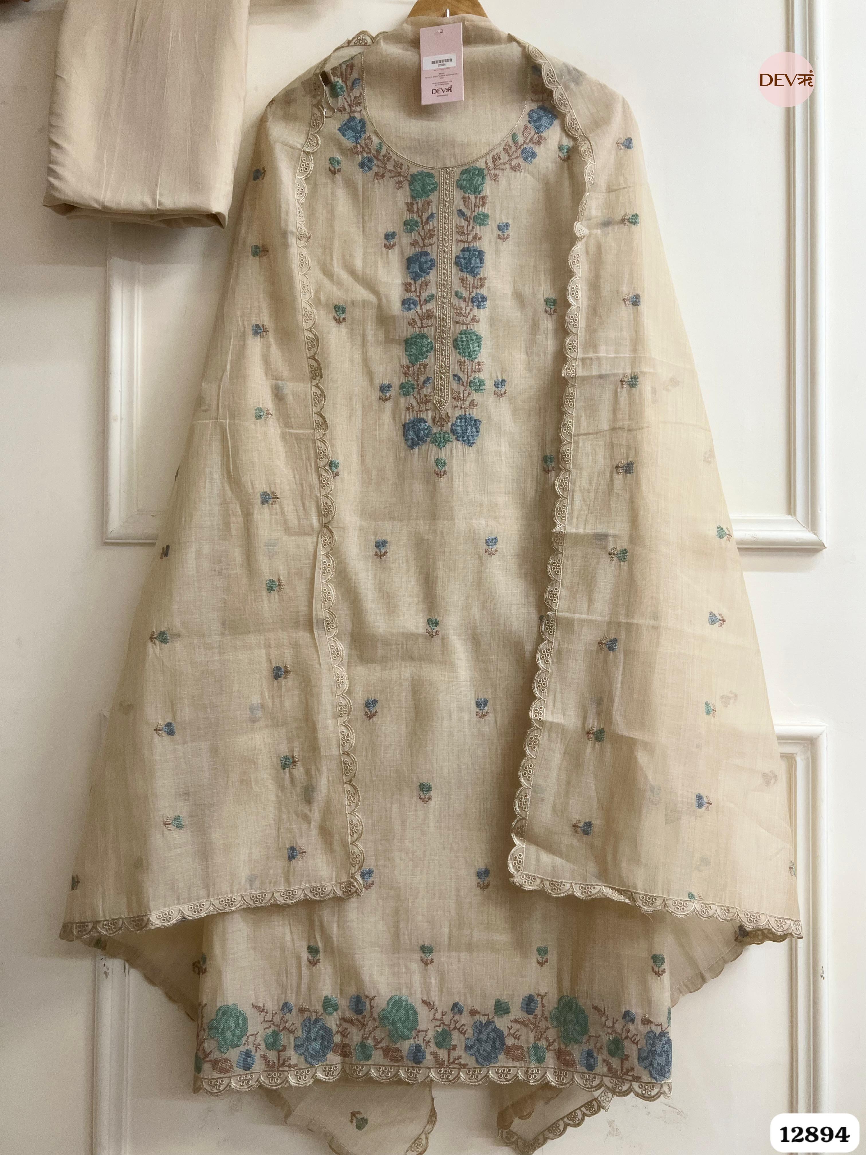 Beige Mul Chanderi Embroidered Unstitched 3-Piece Suit (Devri – D.No 12894)