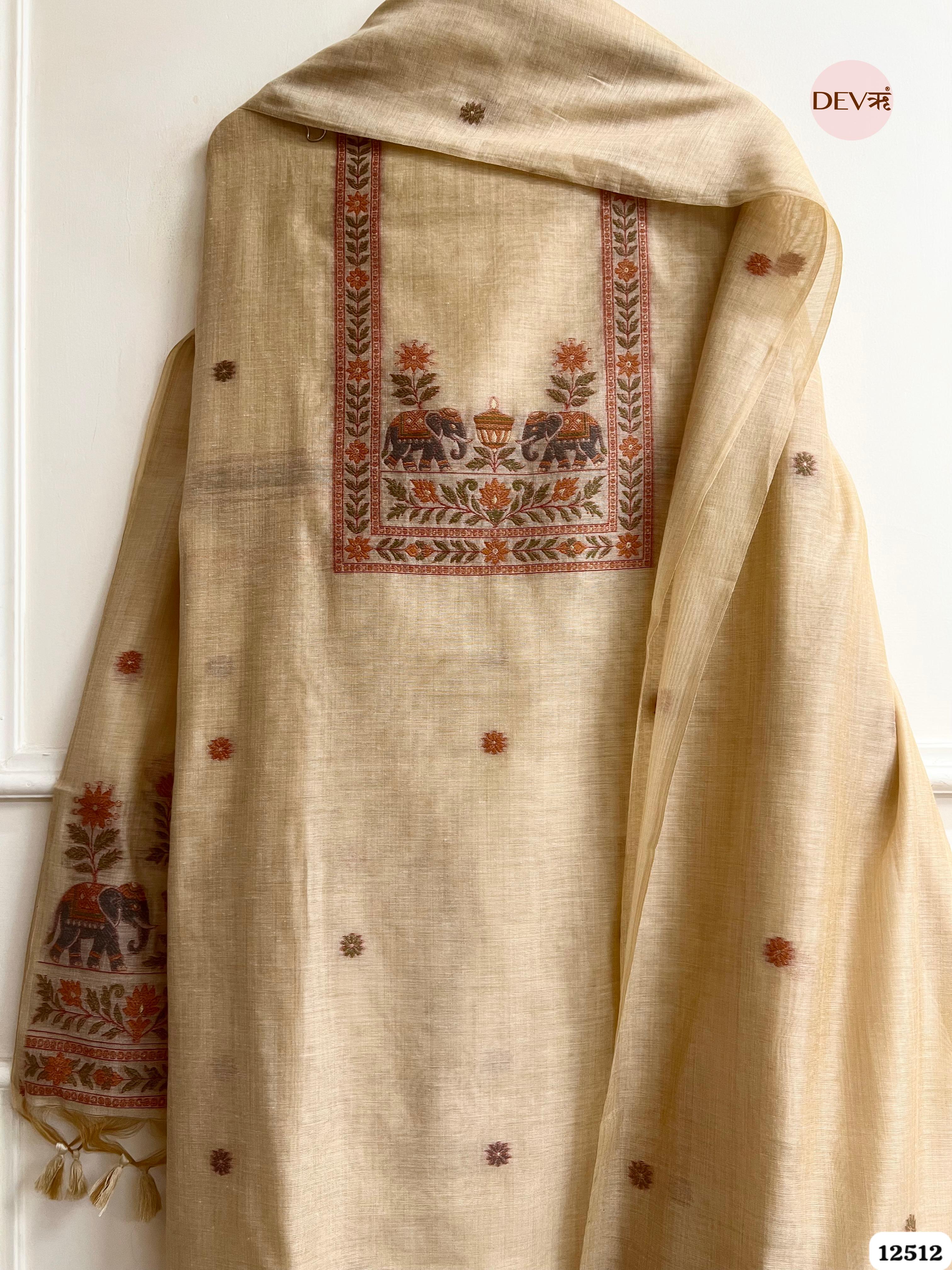 Beige Jamdani Embroidered Unstitched 3-Piece Suit (Devri – D.No 12512)