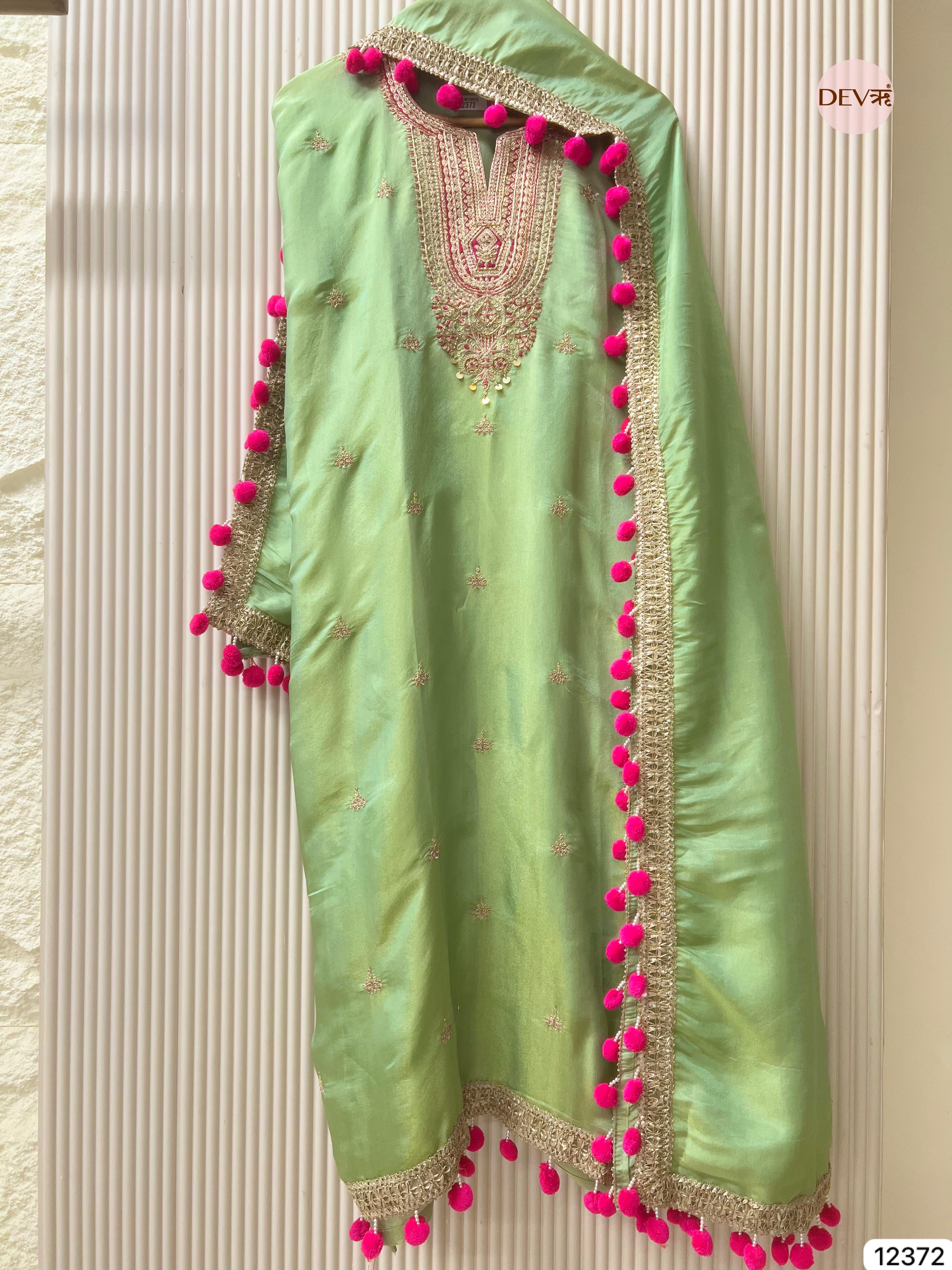 Mint Green Shimmer Silk Embellished Unstitched 3-Piece Suit (Devri – D.No 12372)