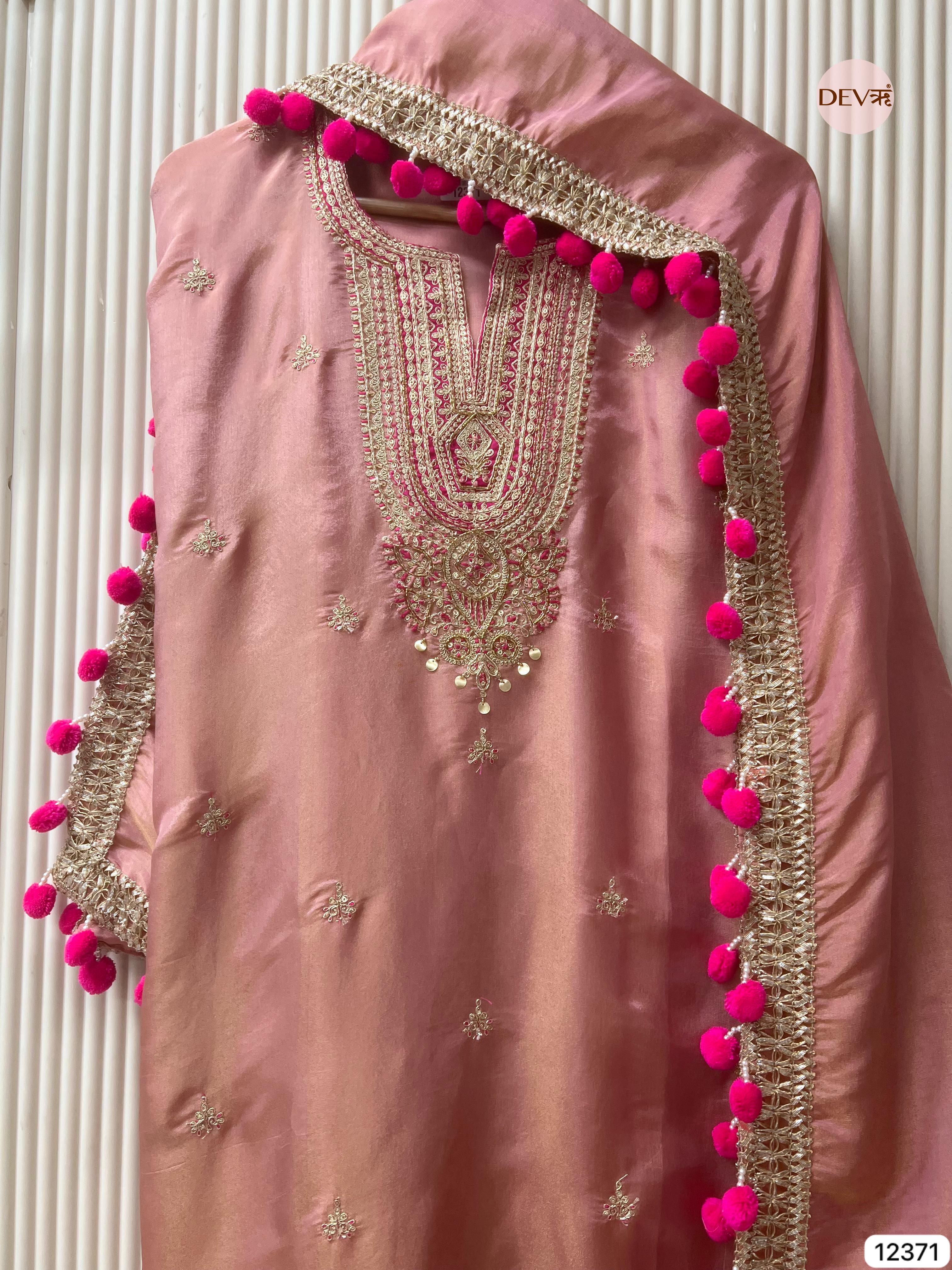 Dusty Rose Shimmer Silk Embellished Unstitched 3-Piece Suit (Devri – D.No 12371)