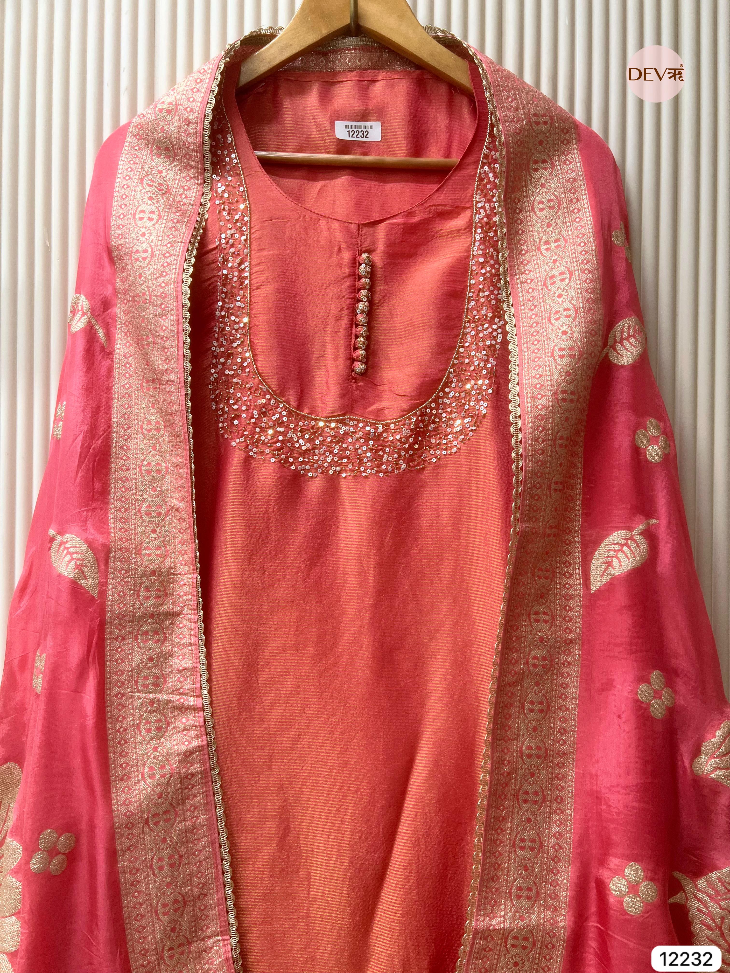 Peach–Pink Tissue Shimmer Silk Embroidered Unstitched 3-Piece Suit (Devri – D.No 12232)