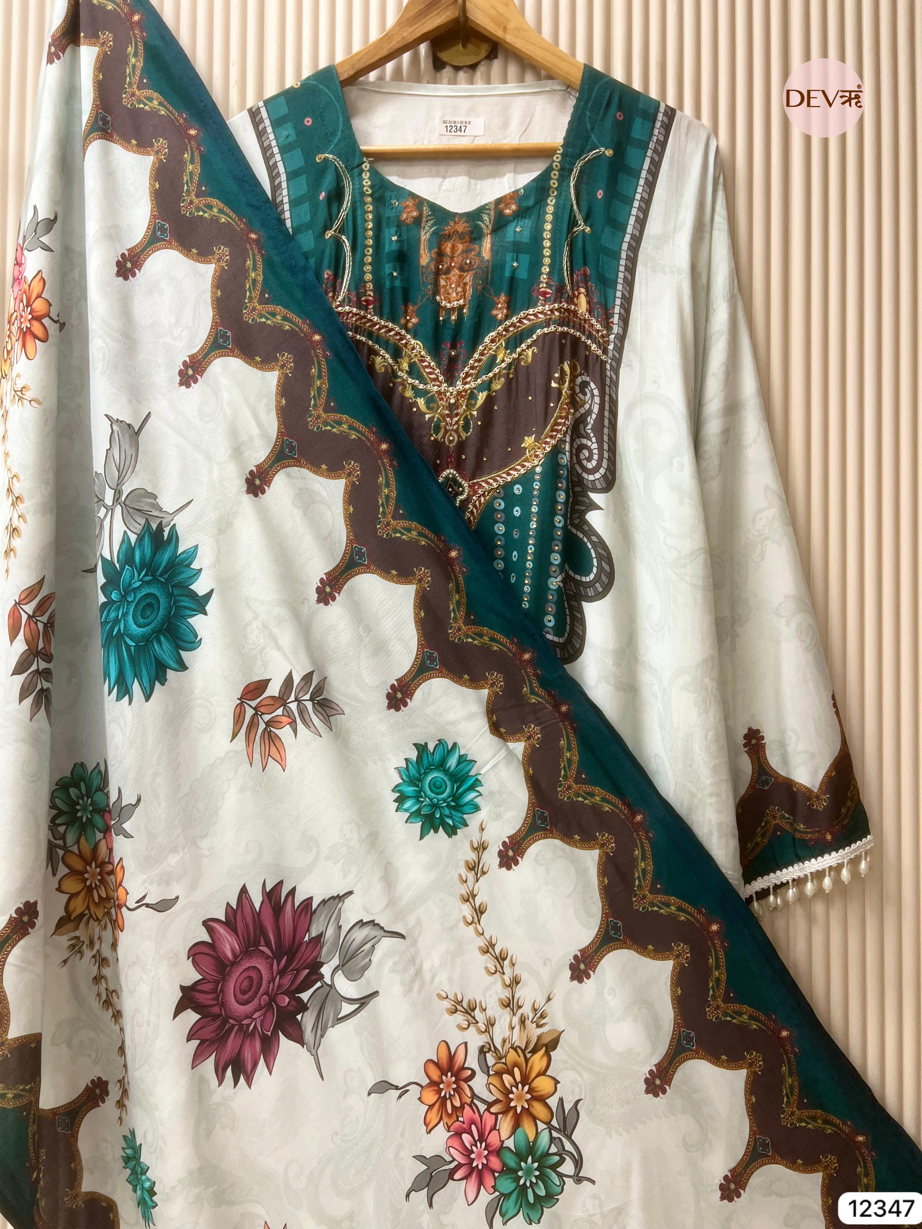 Teal Ivory Muslin Printed Unstitched 3-Piece Suit (Devri – D.No 12347)