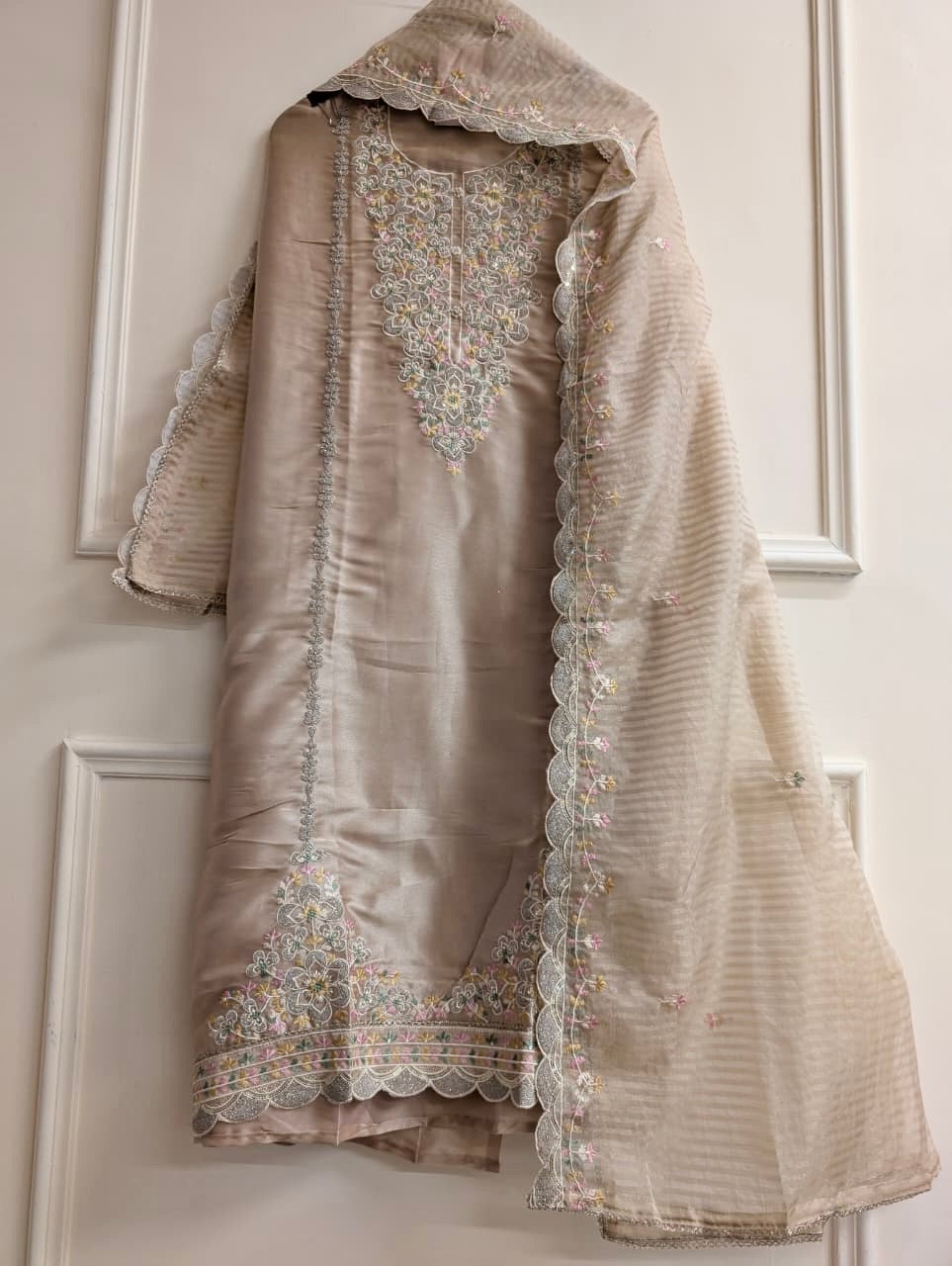 Beige Tissue Silk Embroidered Unstitched 3-Piece Suit (Devri – D.No 13769)