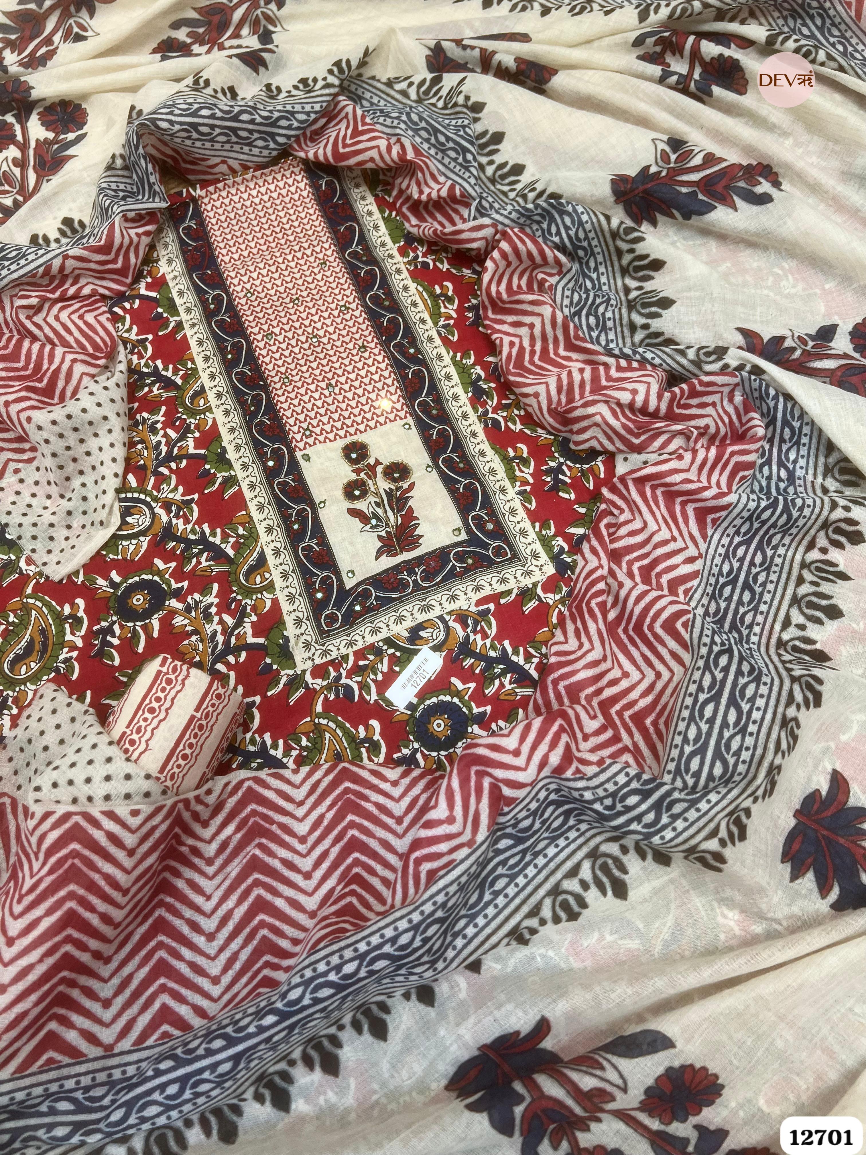 Red & White Cotton Printed Unstitched 3-Piece Suit (Devri – D.No 12701)