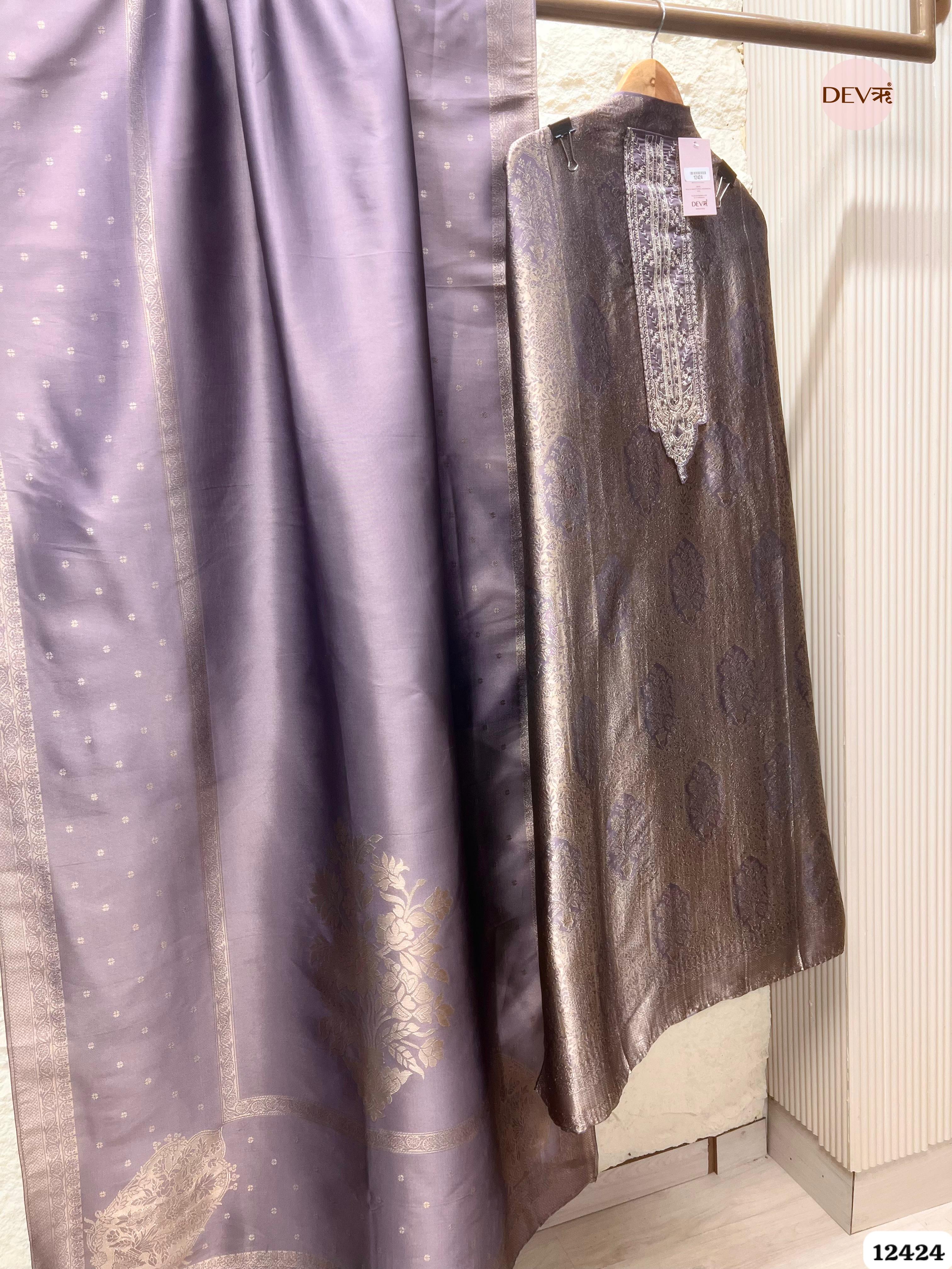 Dusty Mauve Banarasi Silk Printed Unstitched 3-Piece Suit (Devri – D.No. 12424)