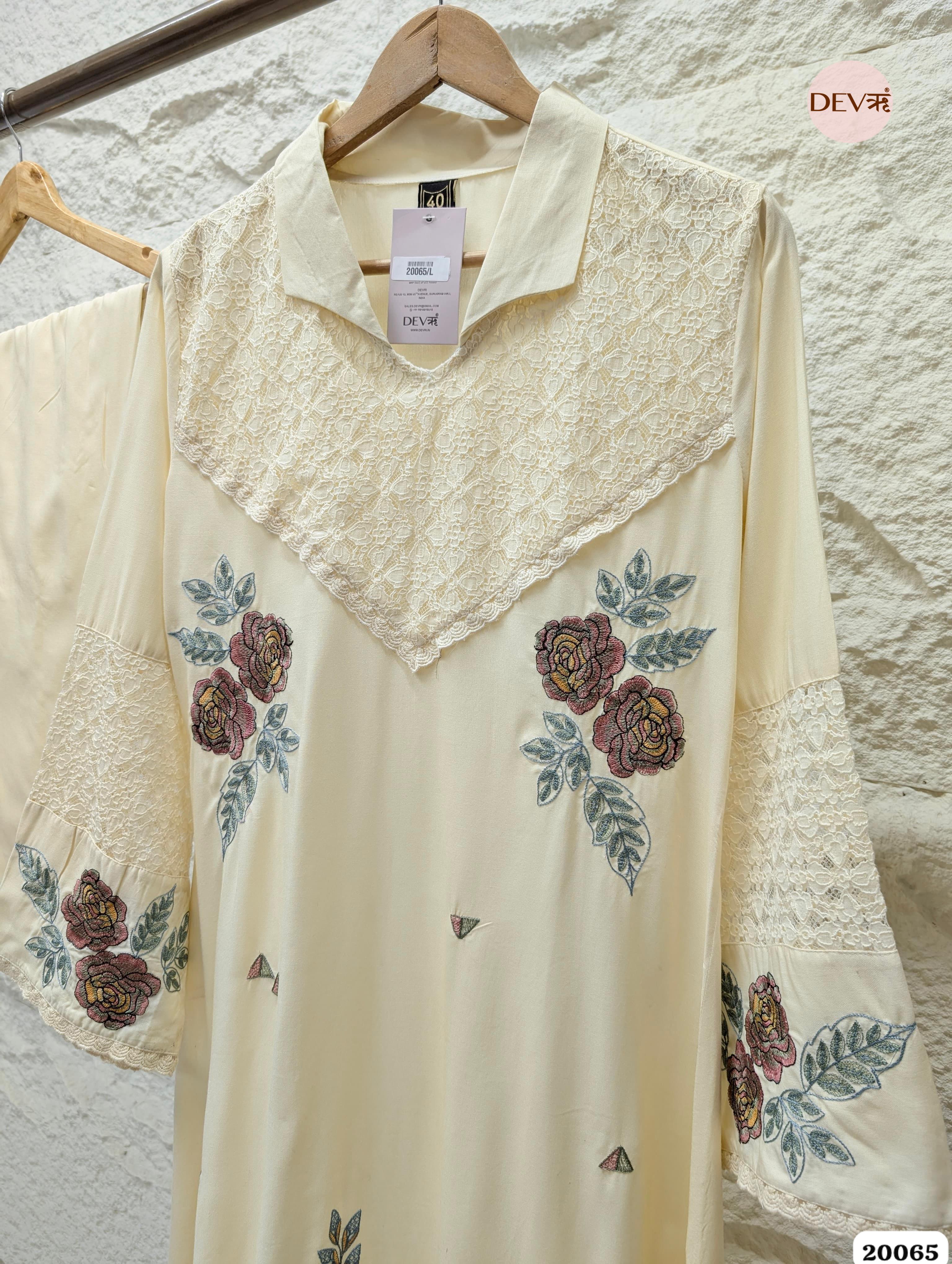 Ruhani German Reyon Embroidered Cream 2-Piece Set (Devri – D.No 20065)