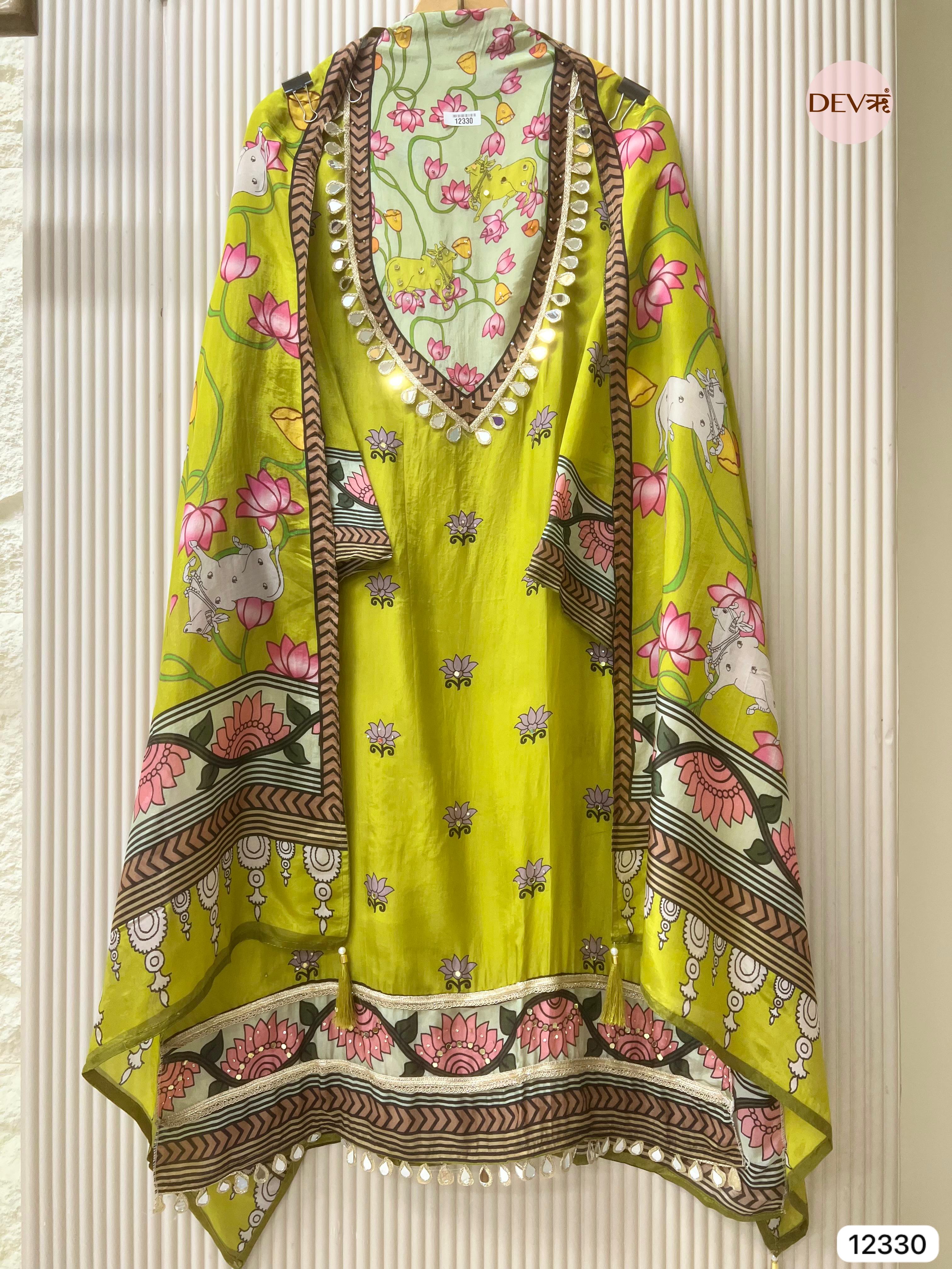 Lime Green Organza Silk Printed Unstitched 3-Piece Suit (Devri – D.No 12330)