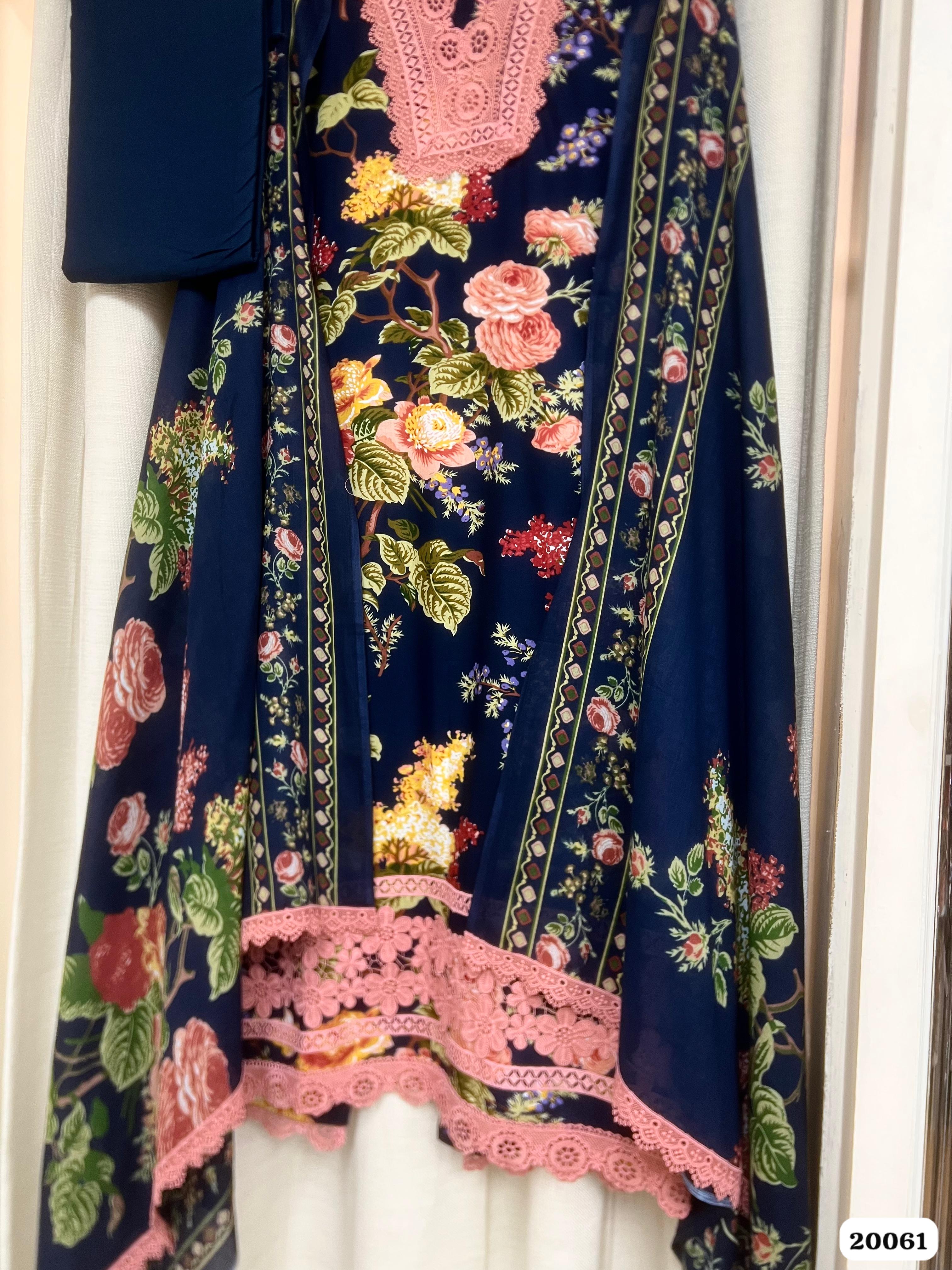 Navy Blue Cotton Printed Unstitched 3-Piece Suit (Devri – D.No. 20061)