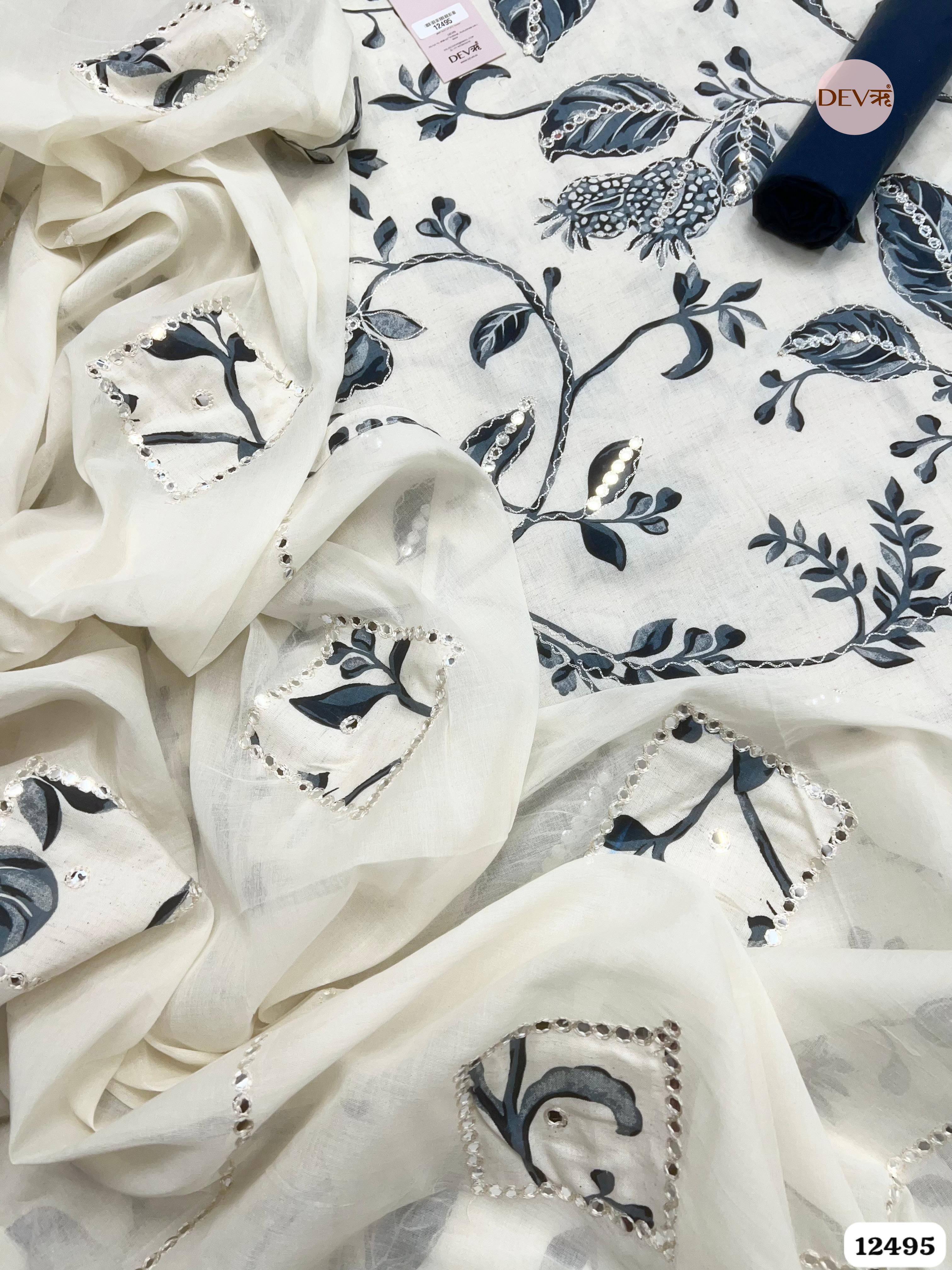 Ivory & Slate Blue Pure Cotton Printed Unstitched 3-Piece Suit (Devri – D.No. 12495)