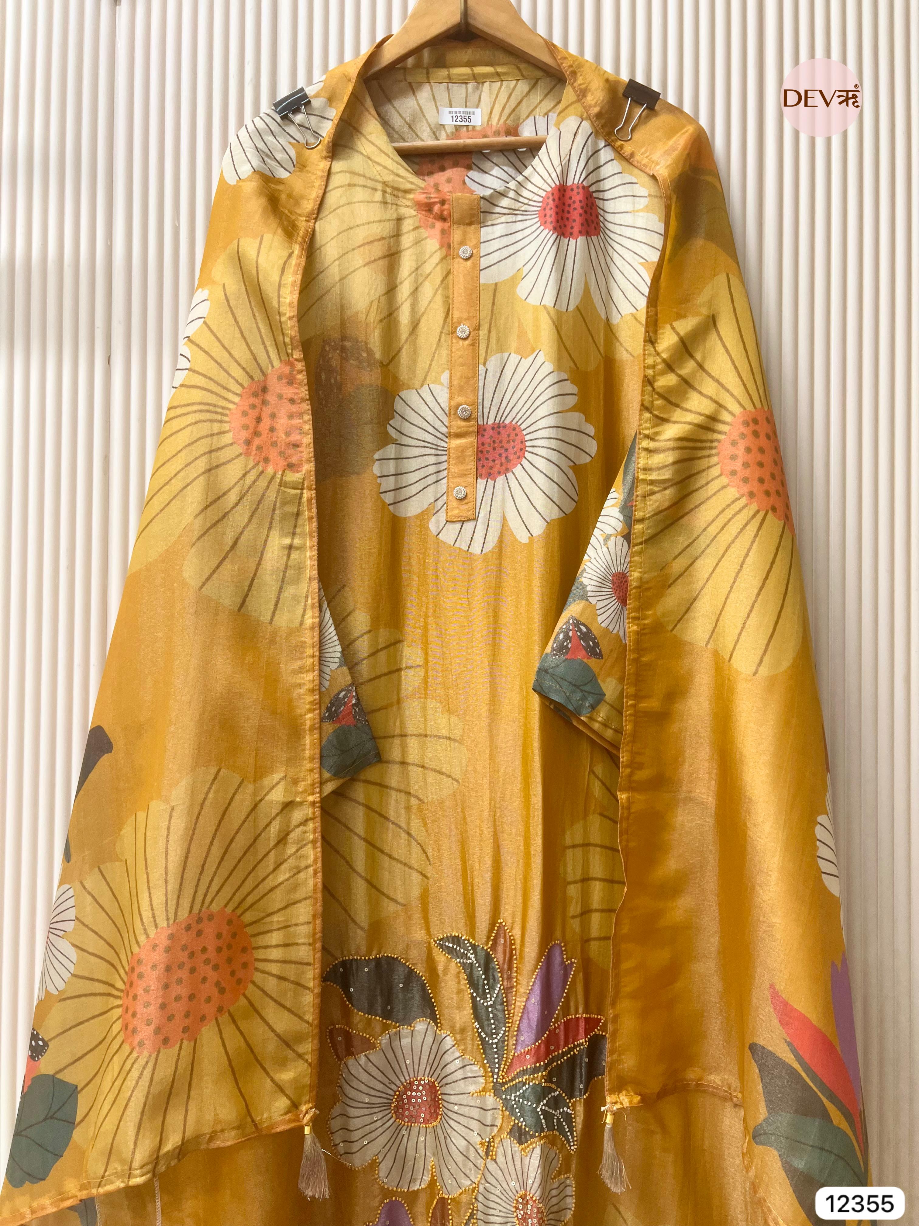 Mustard Yellow Shimmer Silk Printed Unstitched 3-Piece Suit (Devri – D.No 12355)