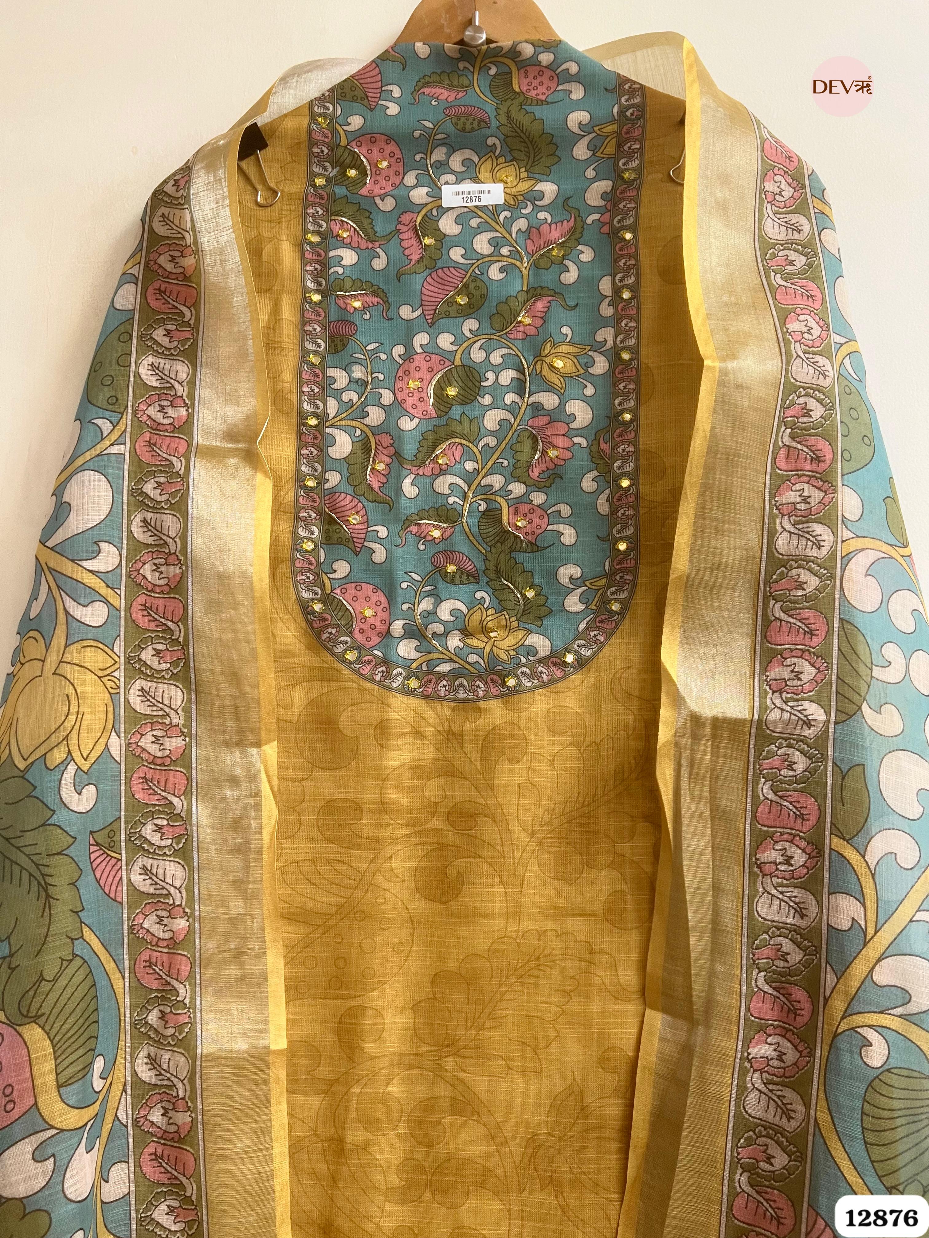 Mustard Yellow Linen Cotton Printed Unstitched 3-Piece Suit (Devri – D.No 12876)