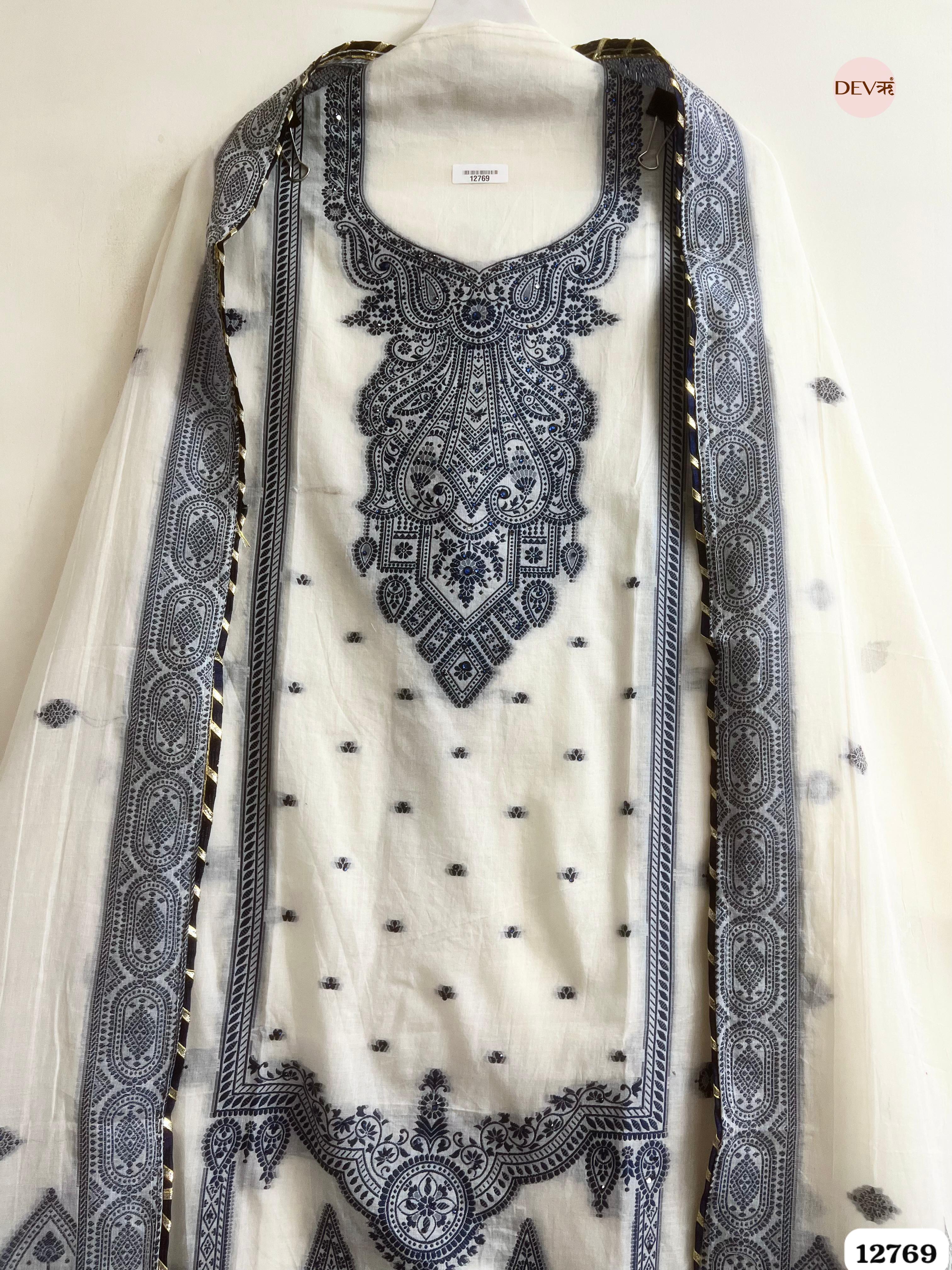 Off-White Jamdani Cotton Embroidered Unstitched 3-Piece Suit (Devri – D.No 12769)