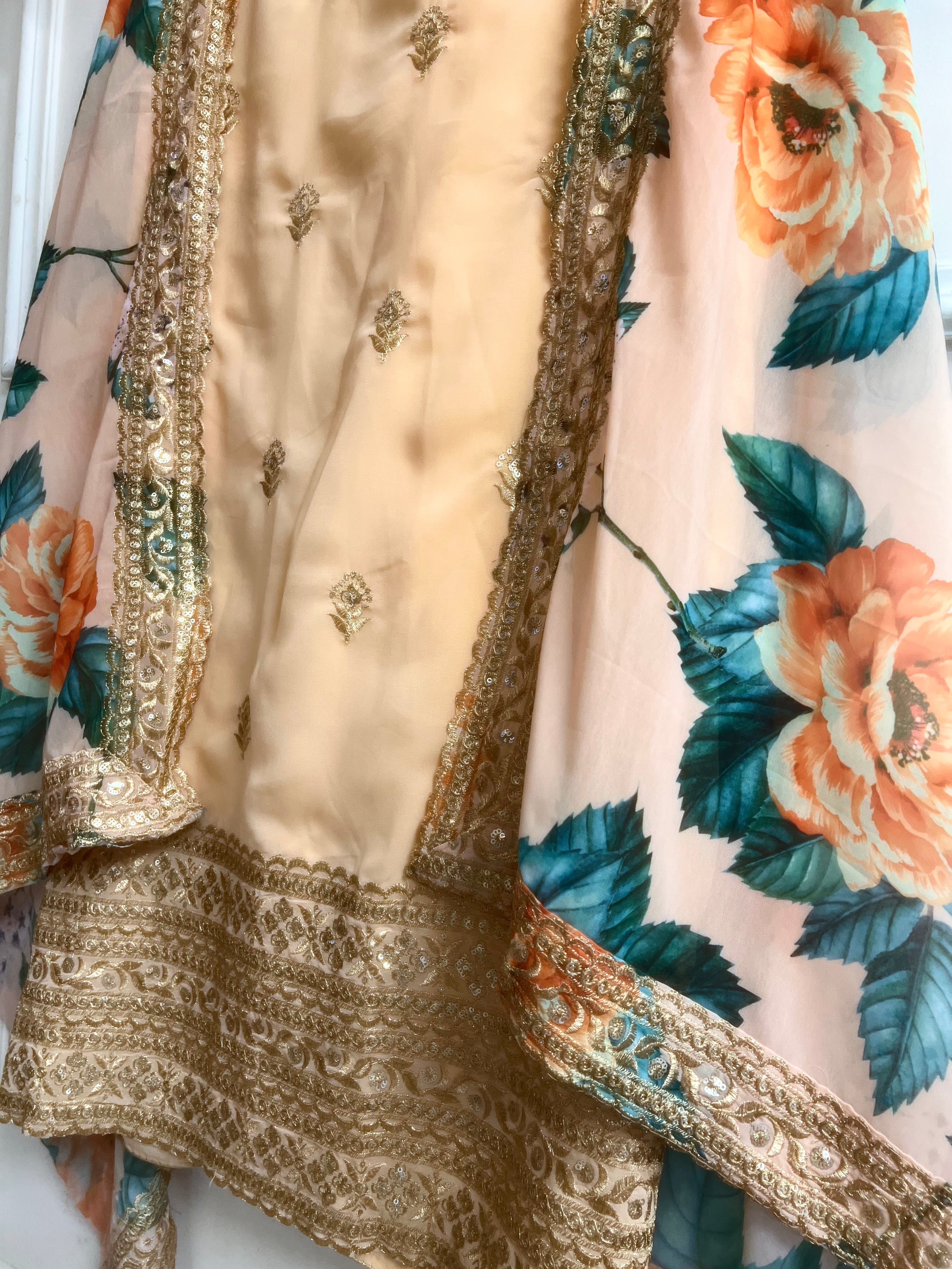 Peach Silk Blend Printed Unstitched 3-Piece Suit (Devri – D.No 13398)