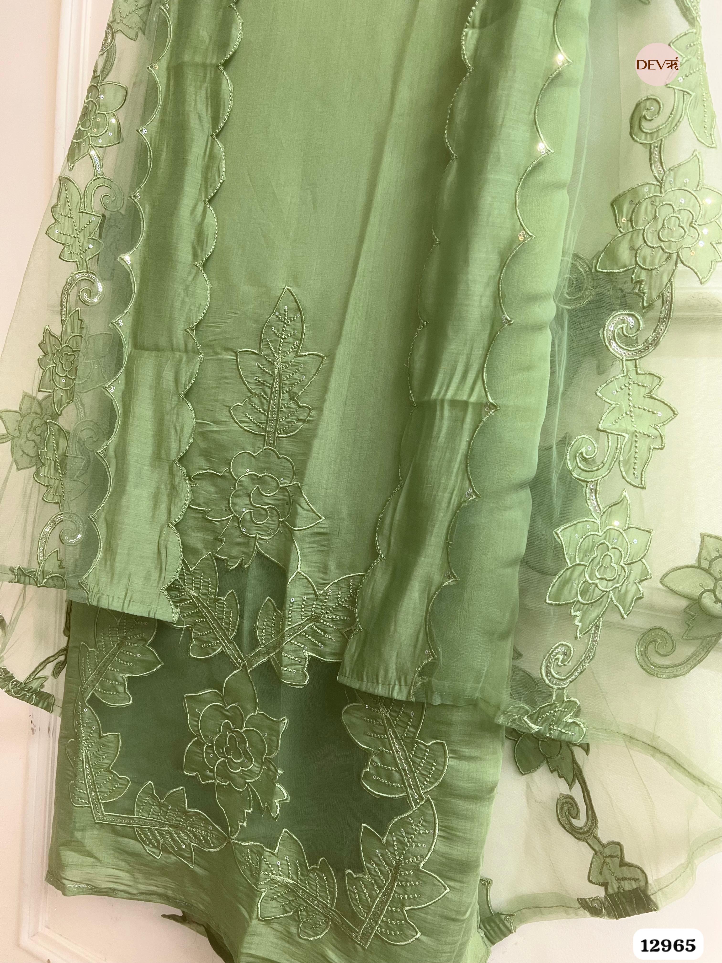 Green Roman Silk Embroidered Unstitched 3-Piece Suit (Devri – D.No 12965)