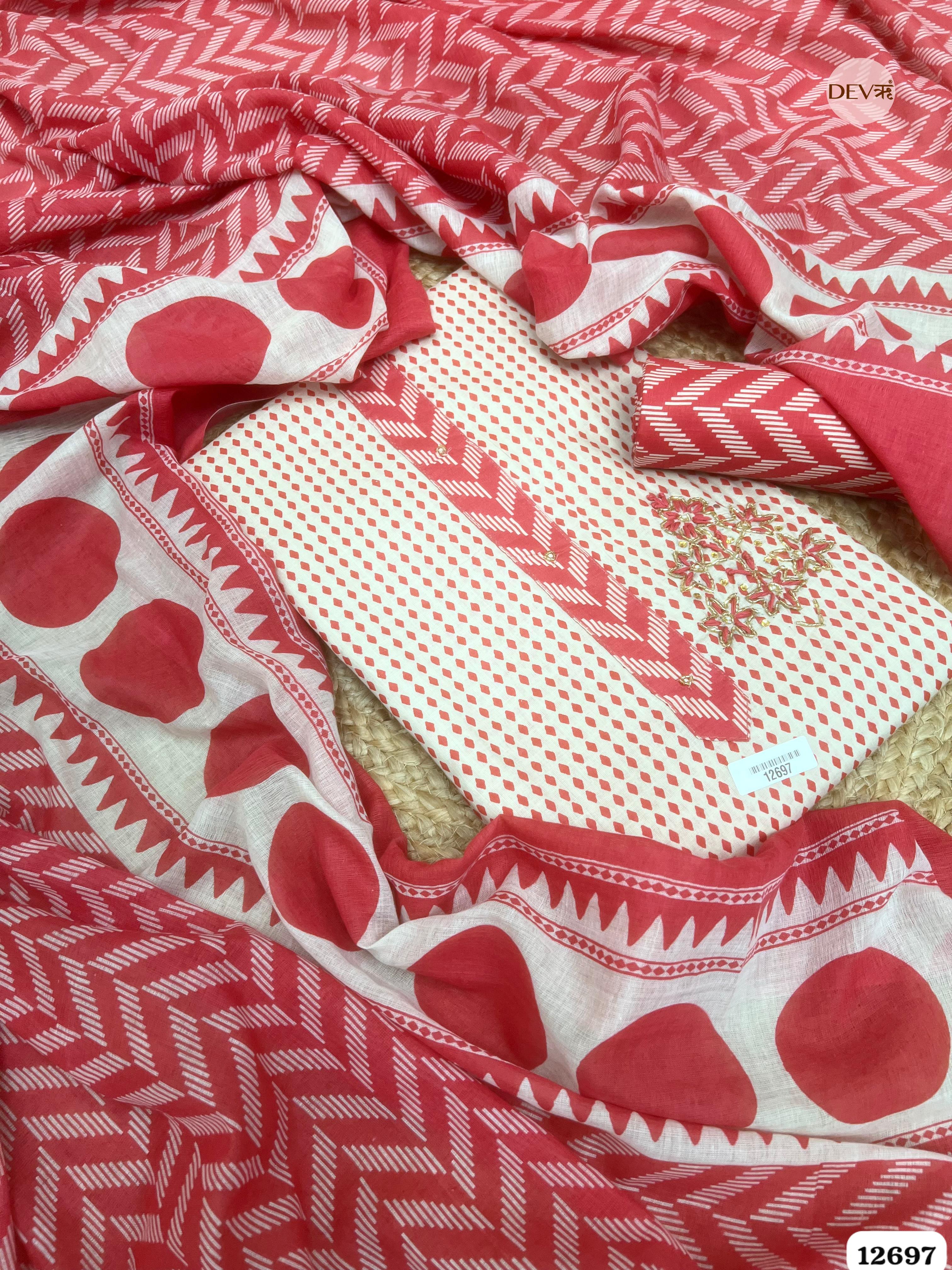 Watermelon Red Cotton Printed Unstitched 3-Piece Suit (Devri – D.No 12697)