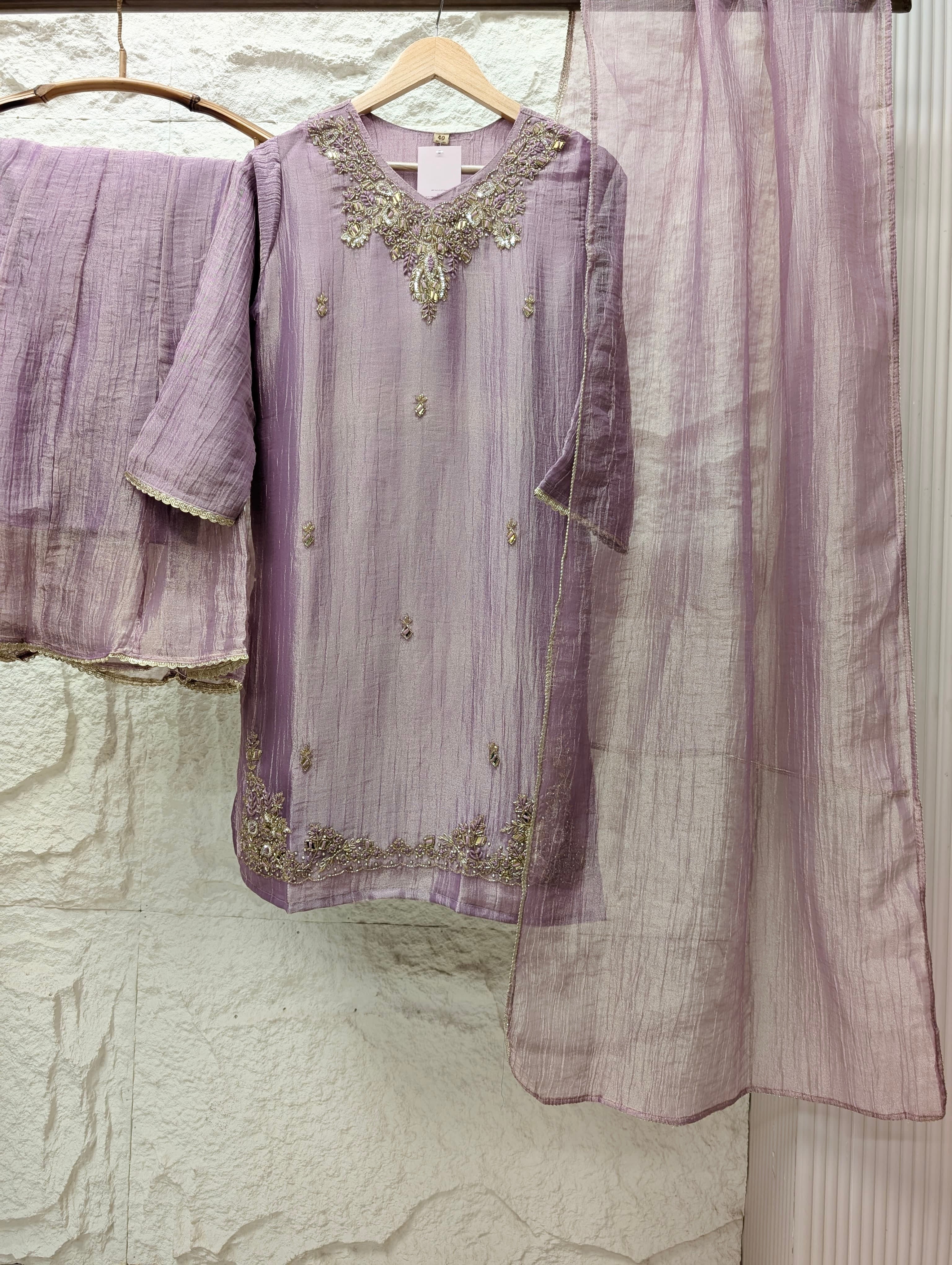 Gulnaar Tissue crush silk Embroidered Mauve 3-Piece Set (Devri – D.No 13754)