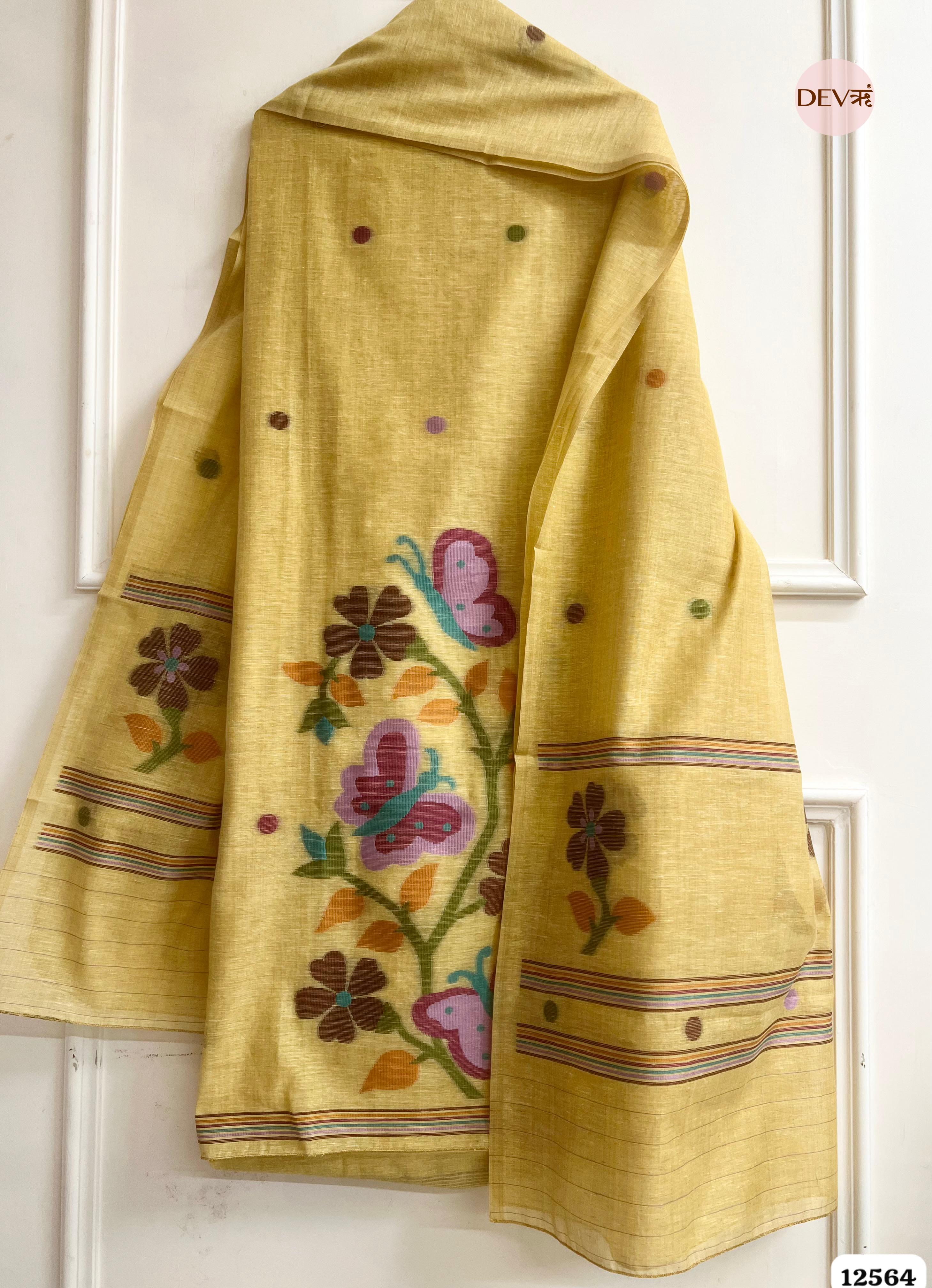 Yellow Linen Printed Unstitched 3-Piece Suit (Devri – D.No 12564)