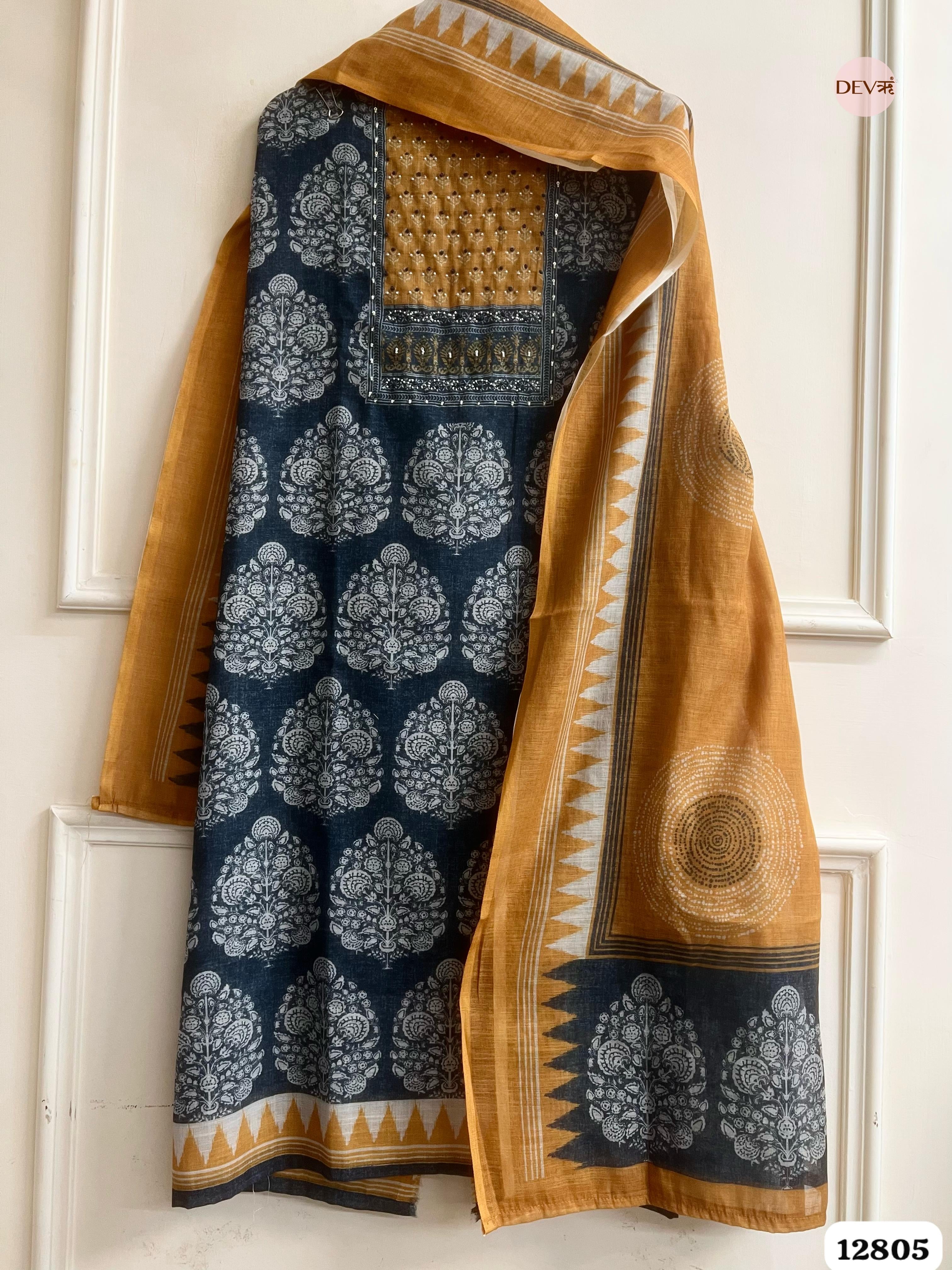 Mustard Linen Cotton Printed Unstitched 3-Piece Suit (Devri – D.No 12805)