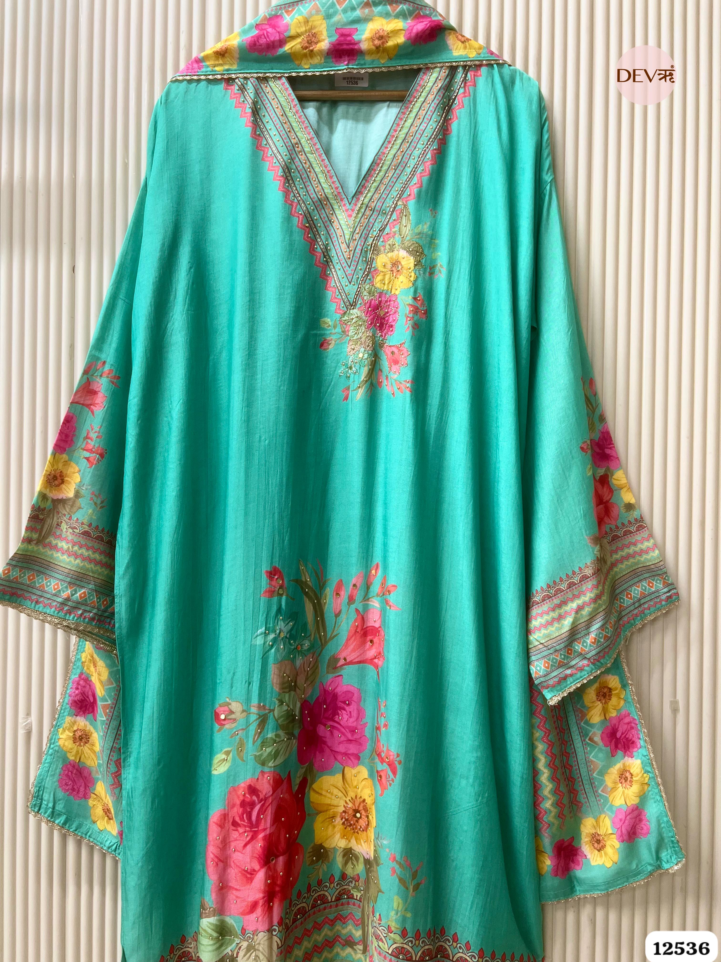 Sea Green Muslin Printed Unstitched 3-Piece Suit (Devri – D.No . 12536)