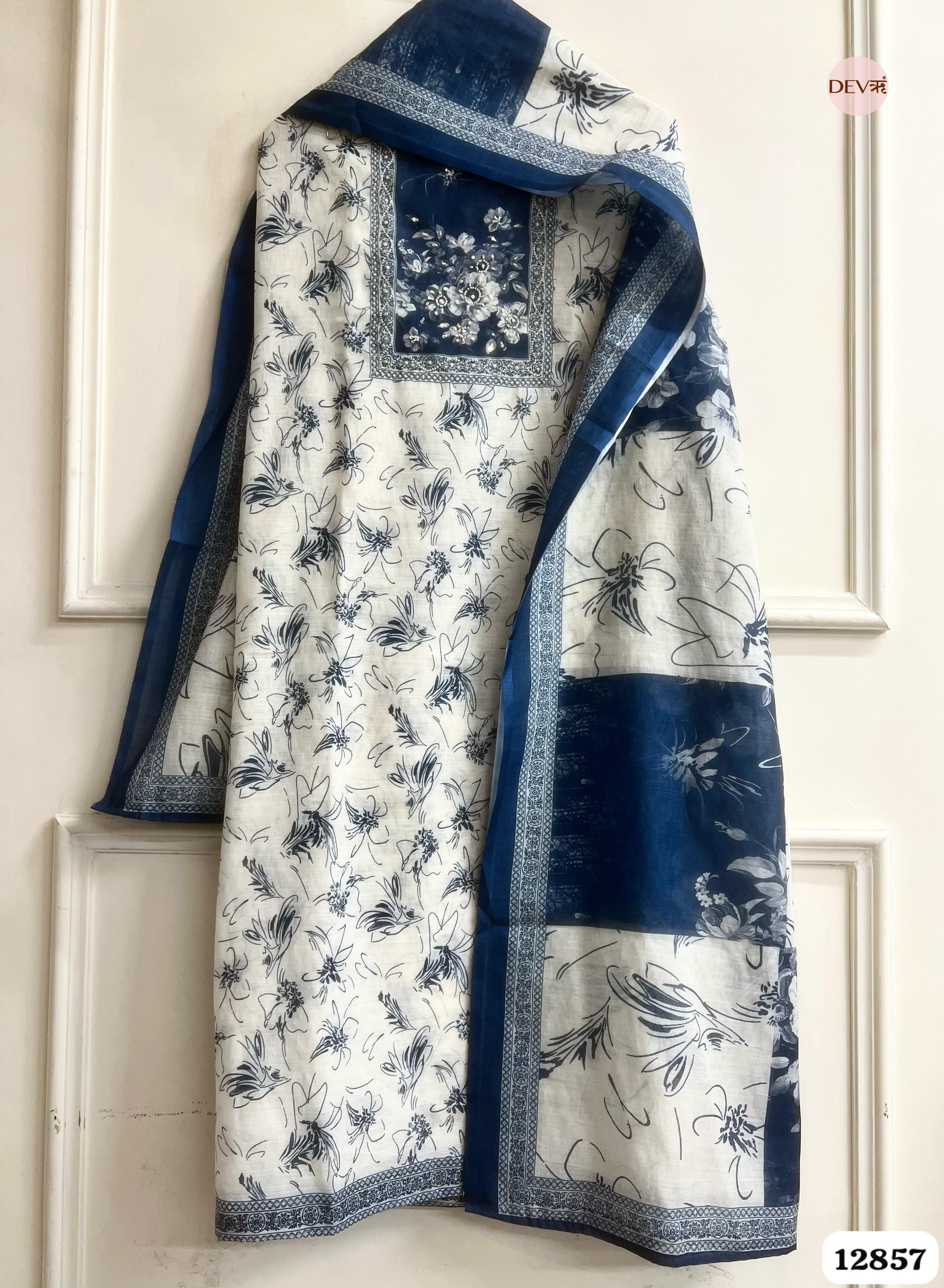 Navy Linen Cotton Printed Unstitched 3-Piece Suit (Devri – D.No 12857)