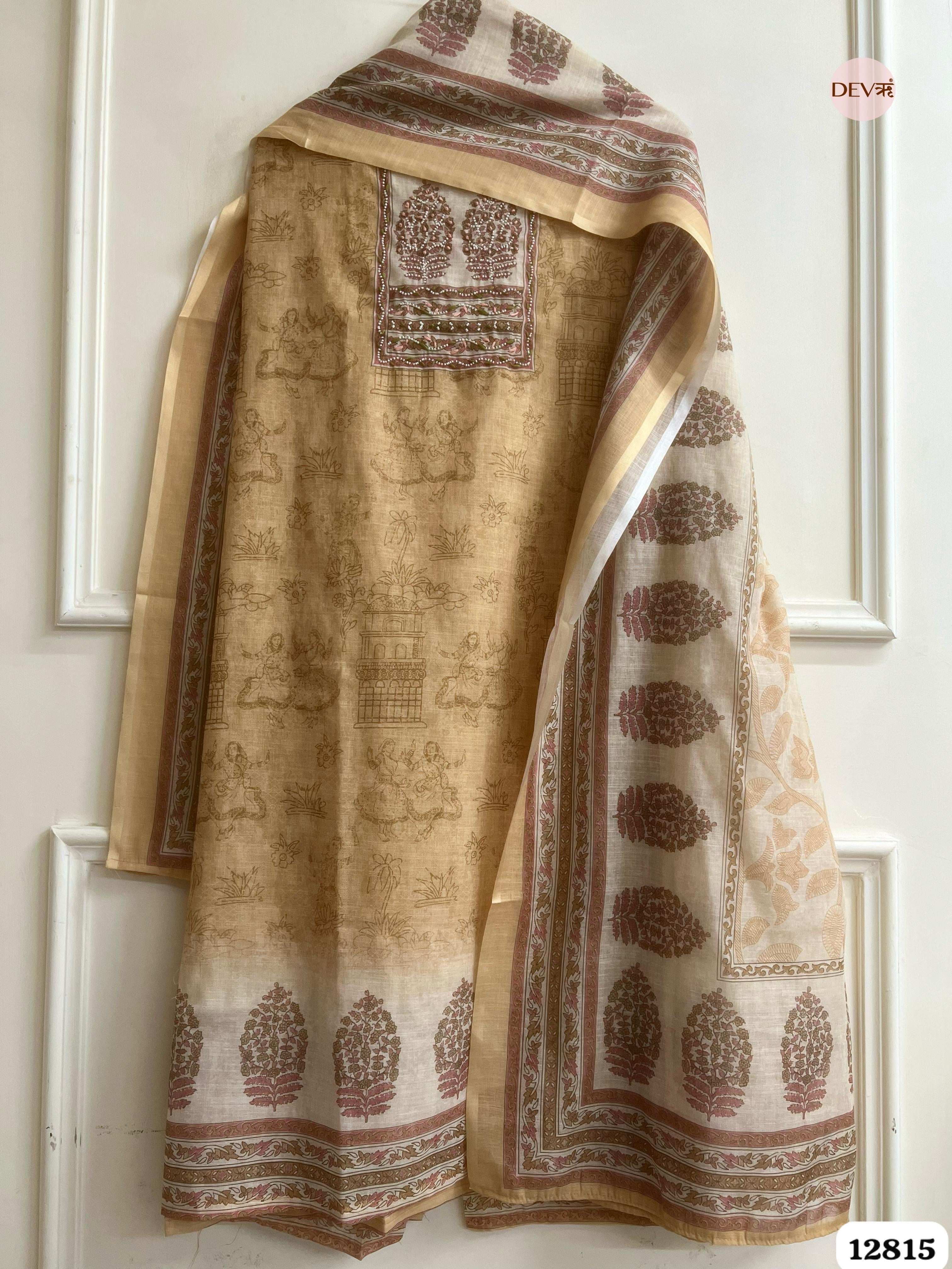 Beige Linen Cotton Printed Unstitched 3-Piece Suit (Devri – D.No 12815)