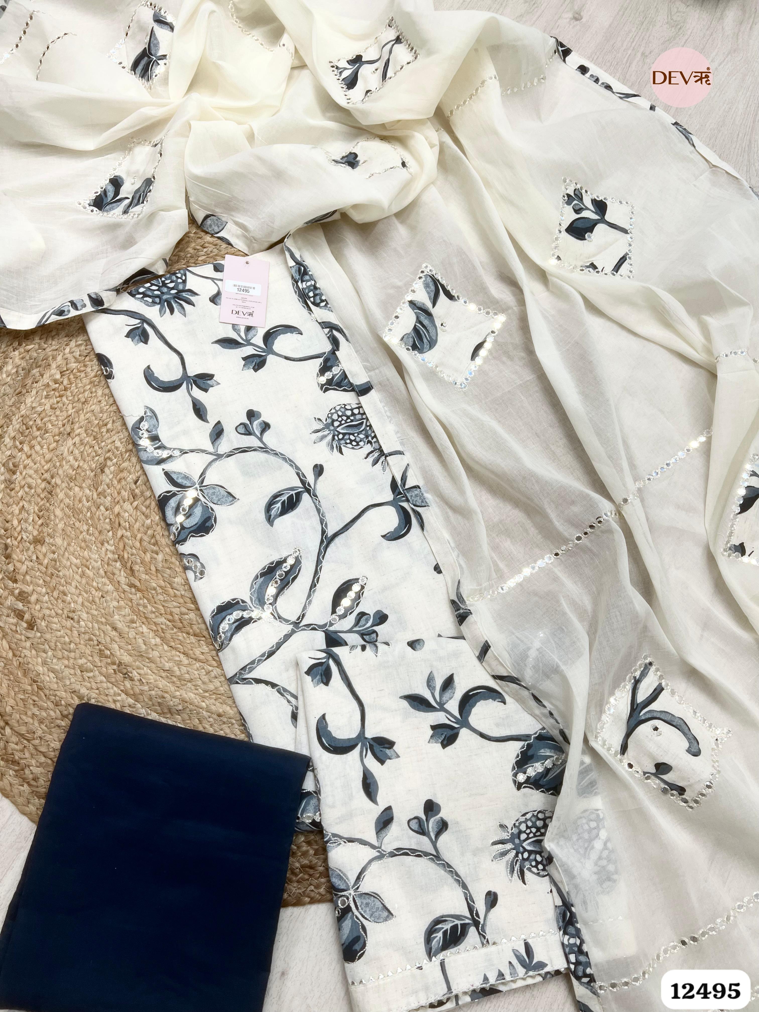 Ivory & Slate Blue Pure Cotton Printed Unstitched 3-Piece Suit (Devri – D.No. 12495)