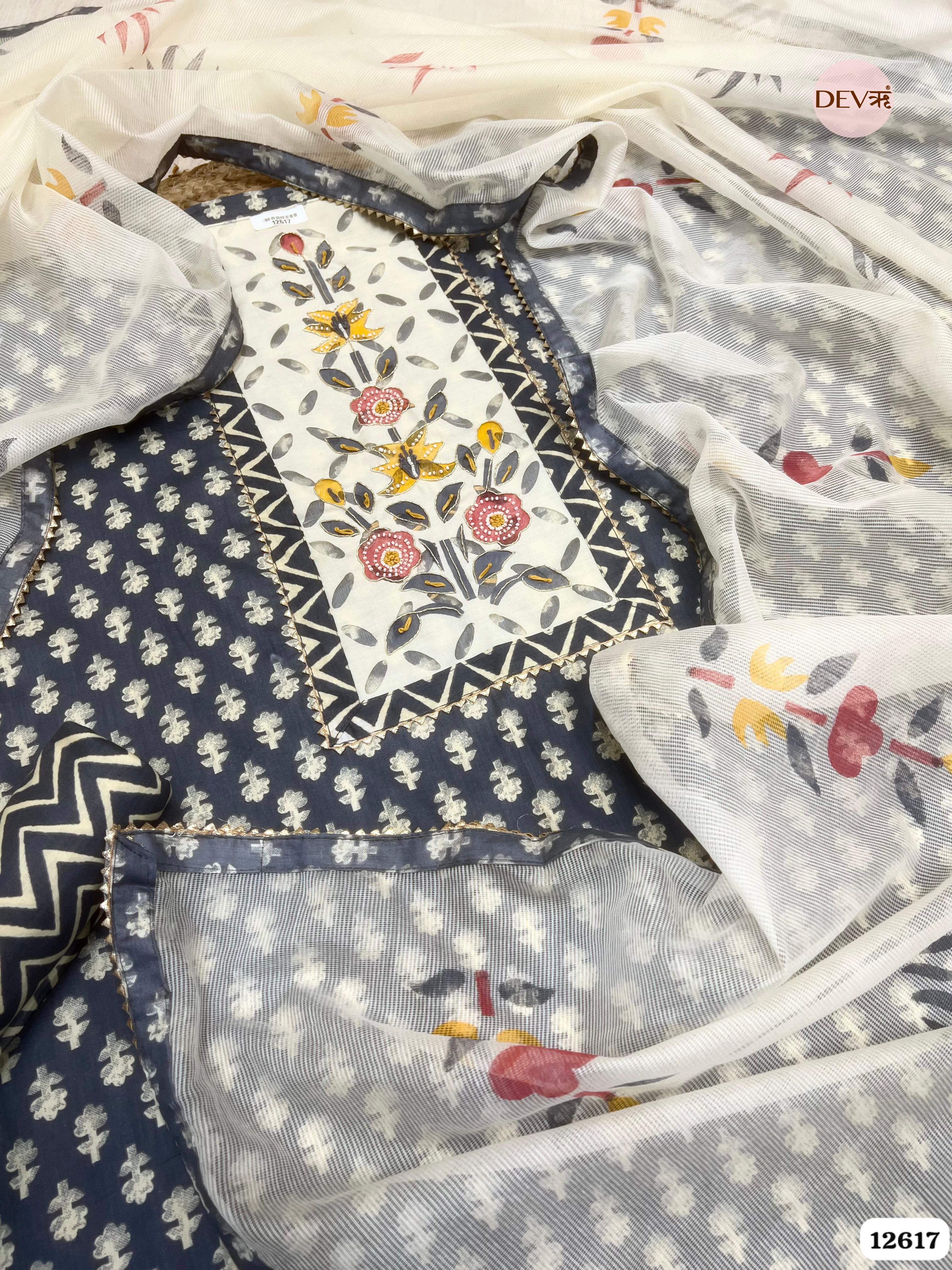 Grey & White Cotton Printed Unstitched 3-Piece Suit (Devri – D.No 12617)