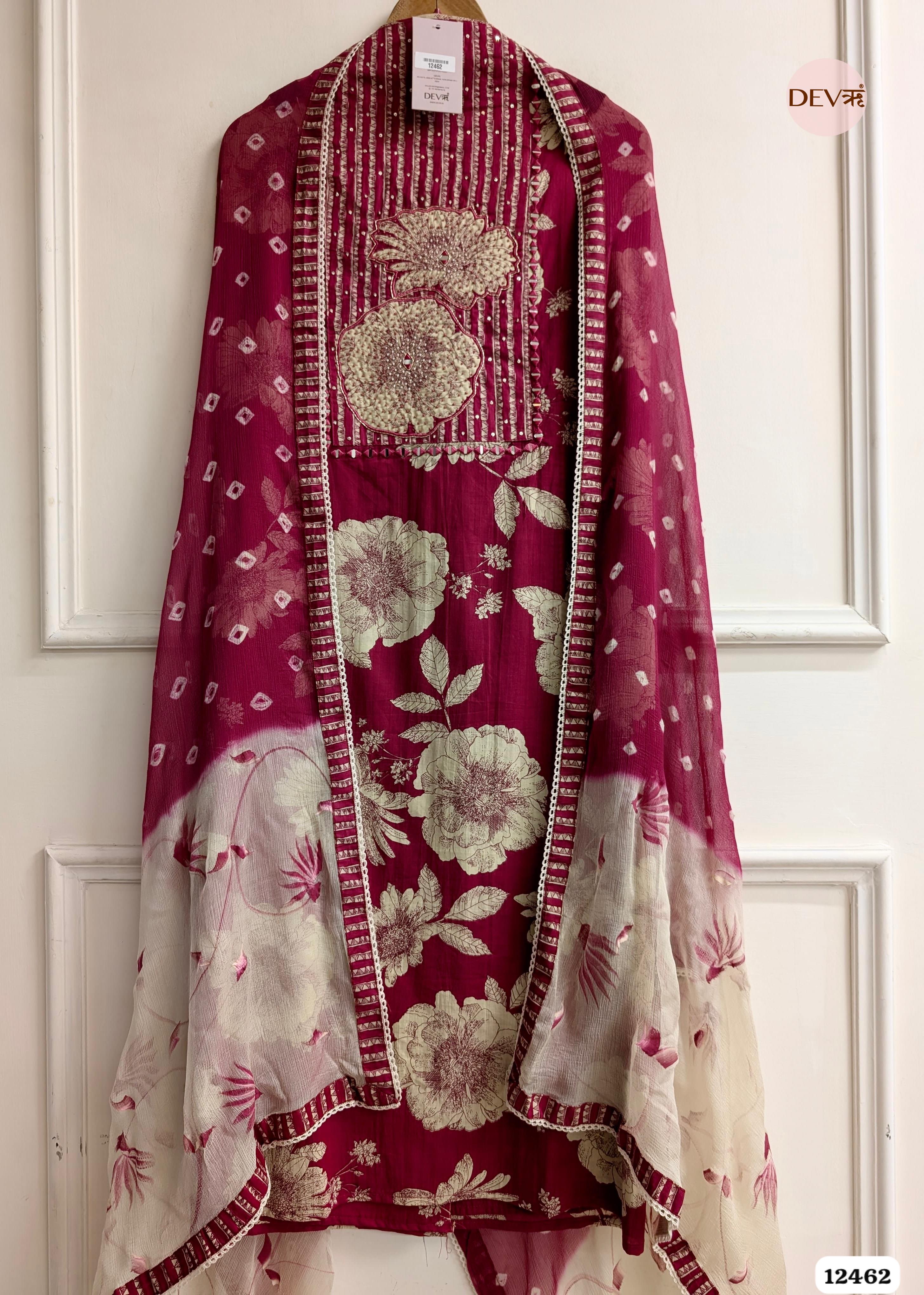 Deep Pink Cotton Printed Unstitched 3-Piece Suit (Devri – D.No. 12462)