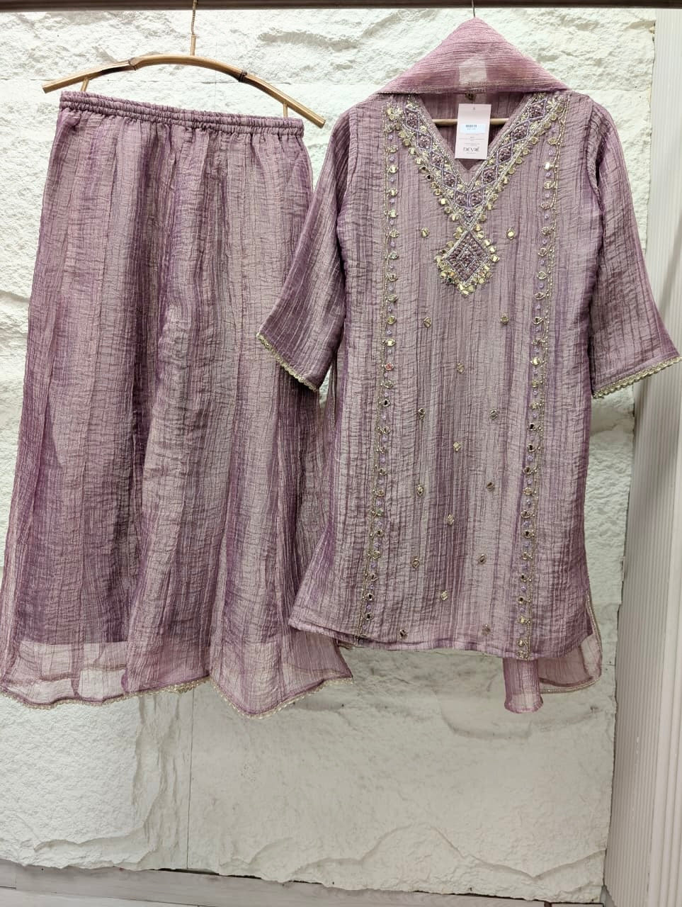 Gulnaar Tissue silk Embroidered Mauve 3-Piece Set (Devri – D.No 13713)