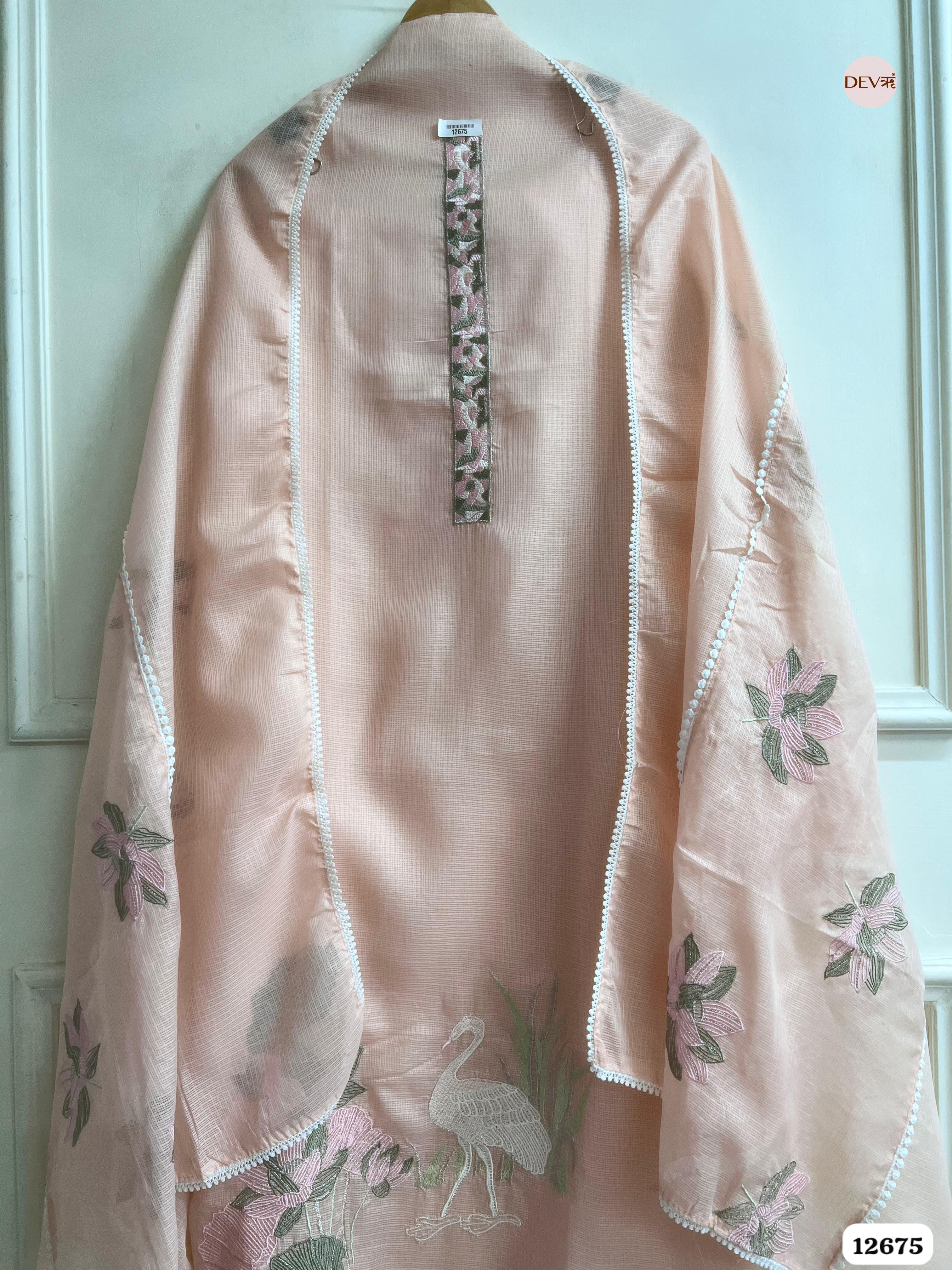 Peach Kota Embroidered Unstitched 3-Piece Suit (Devri – D.No 12675)