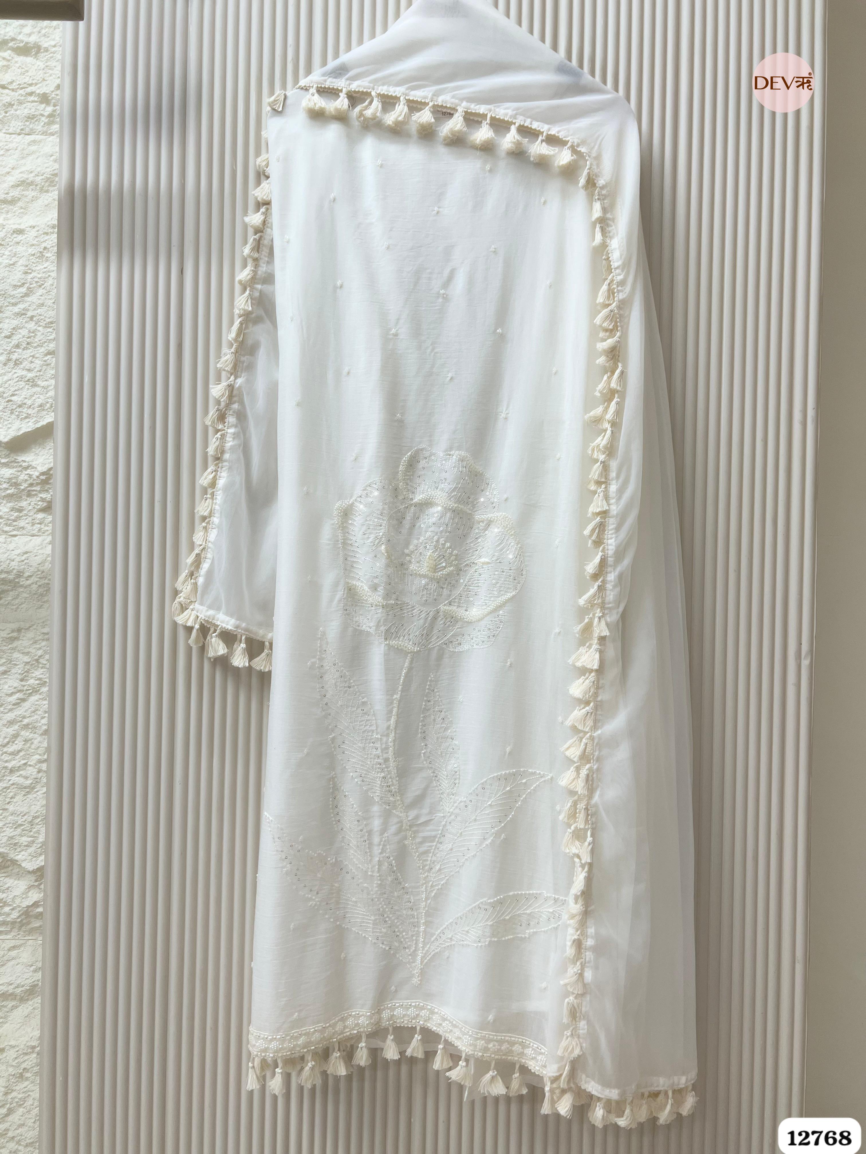 White Mul Cotton Embroidered Unstitched 3-Piece Suit (Devri – D.No 12768)