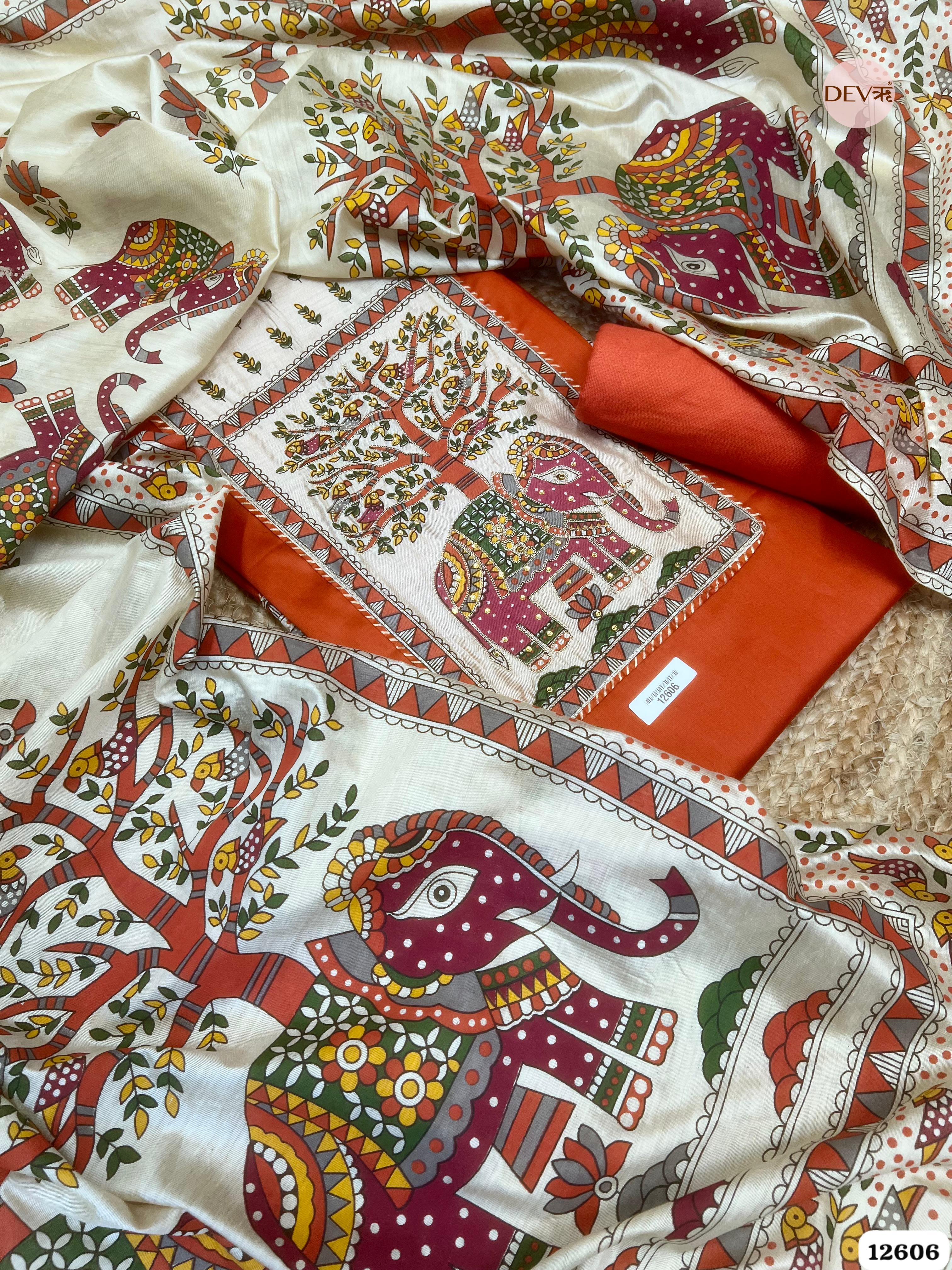 Rust Orange Cotton Embroidered Unstitched 3-Piece Suit (Devri – D.No 12606)