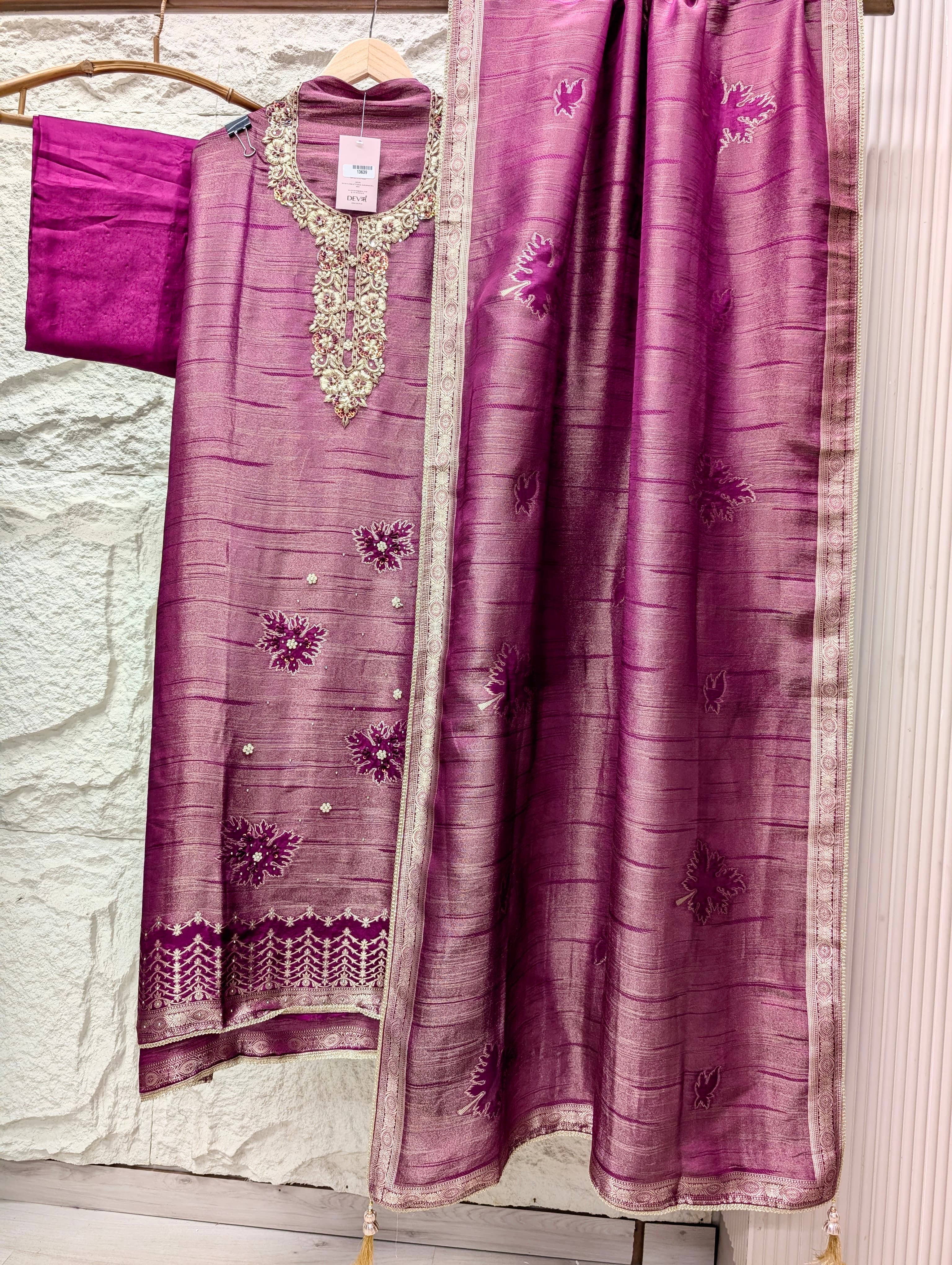 Magenta Pure Girafe Banarasi Silk Embroidered Unstitched 3-Piece Suit (Devri – D.No 13639)