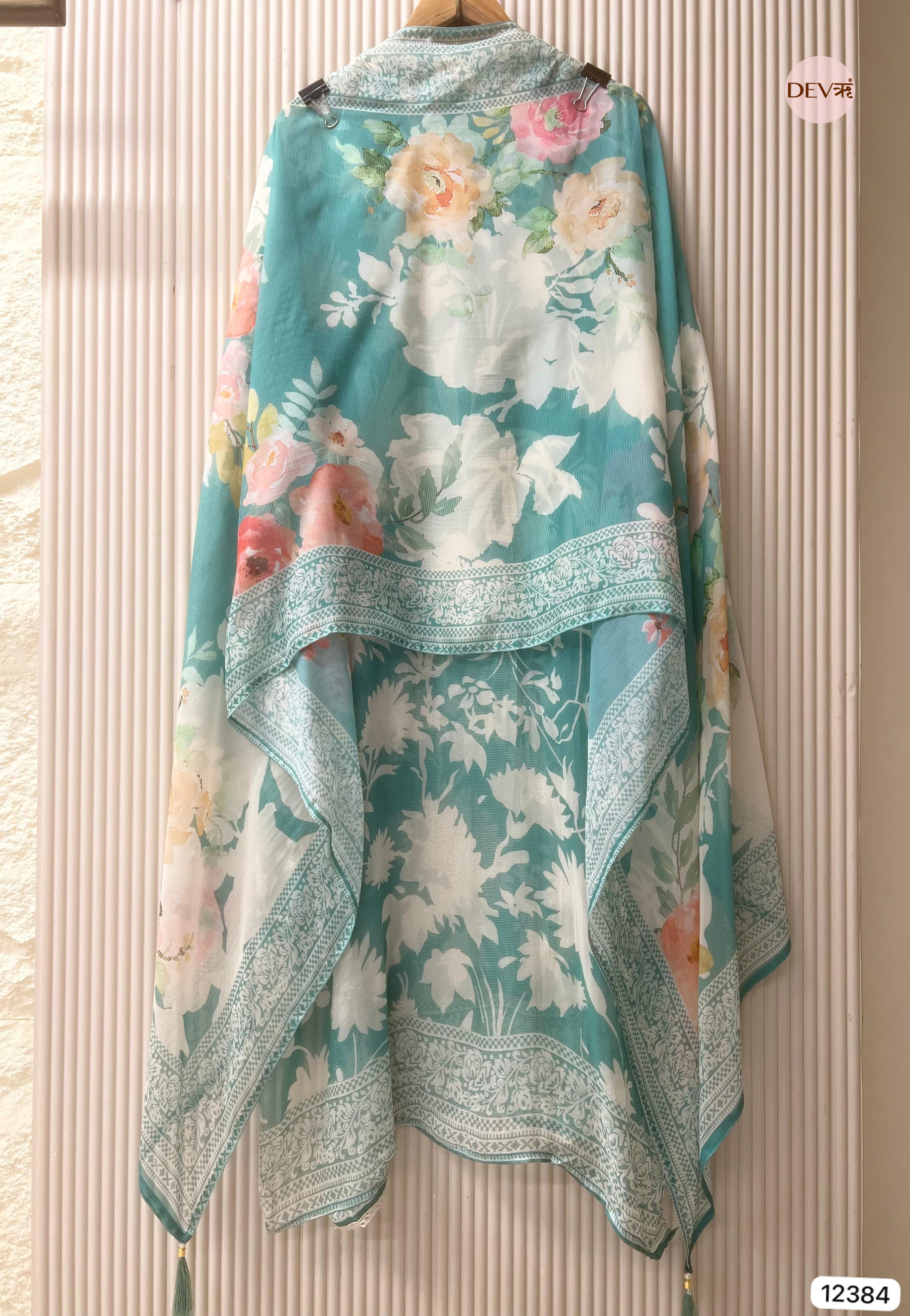 Sea Green Organza Printed Unstitched 3-Piece Suit (Devri – D.No 12384)