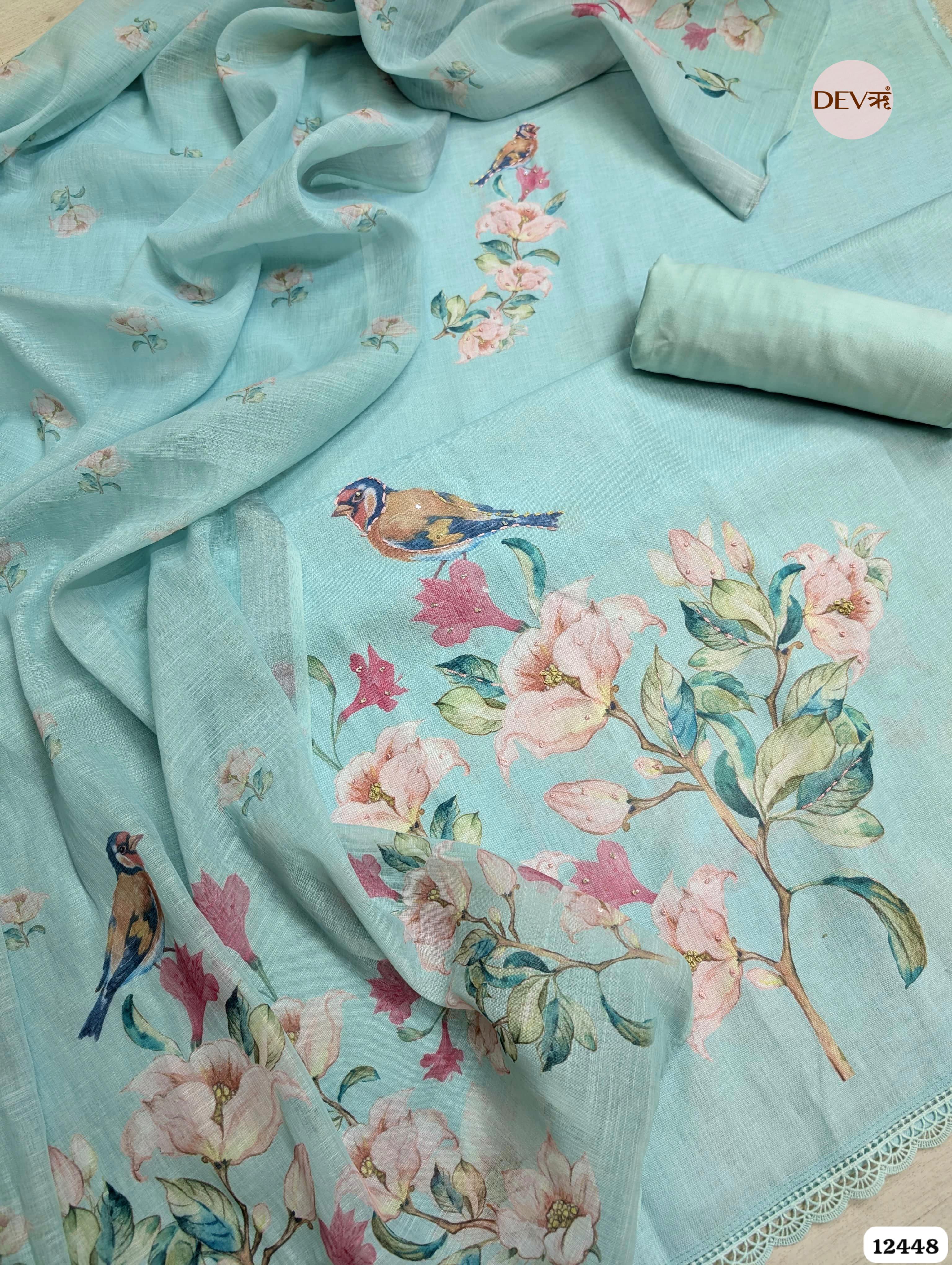 Aqua Blue Linen Cotton Printed Unstitched 3-Piece Suit (Devri – D.No.12448)